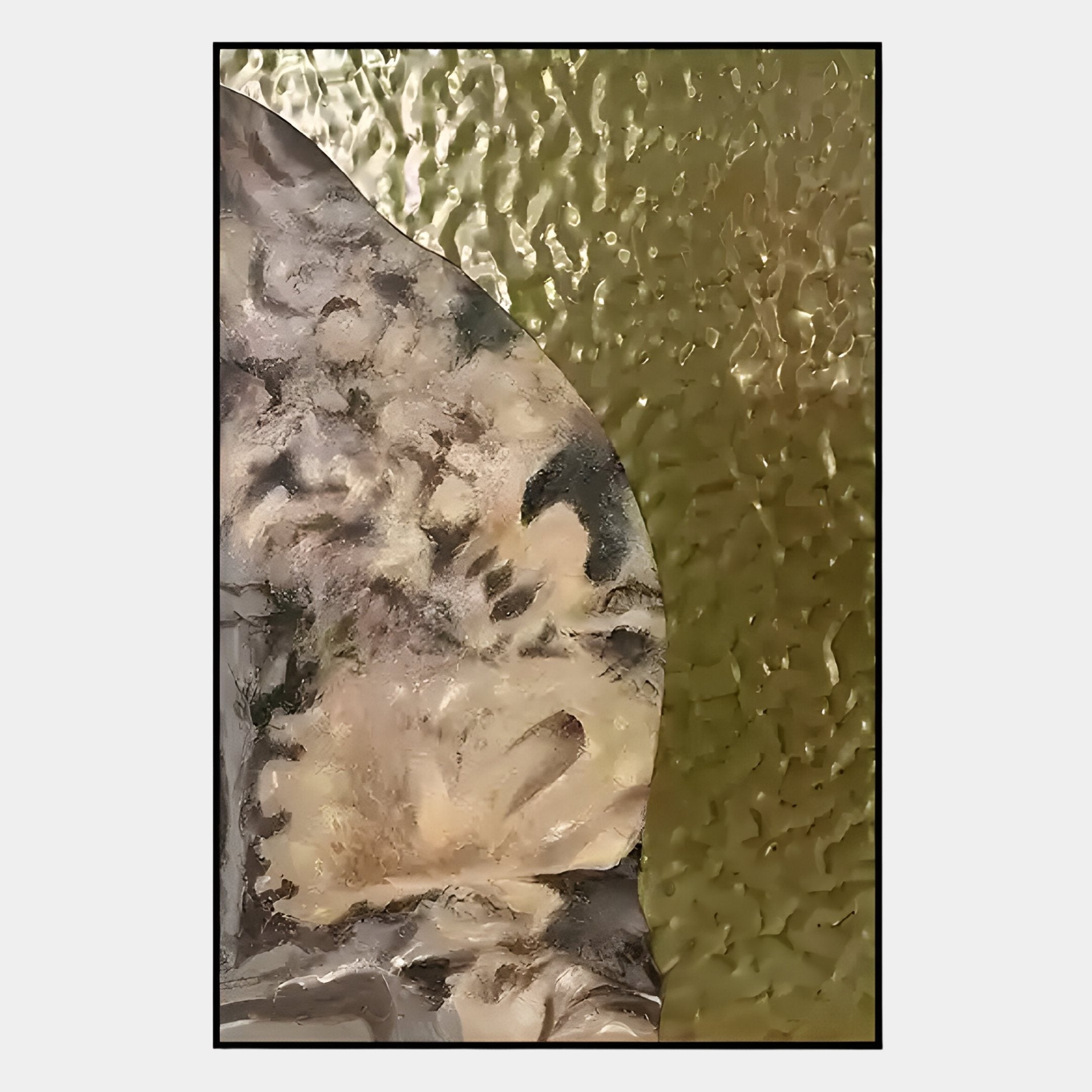 The Astrid Earthy Bloom Gold Textured Abstract Wall Art by Giant Sculptures features gold textured glass with a greenish tint on the right and marbled gray-beige on the left, divided by a curved edge—ideal for unique wall decor.