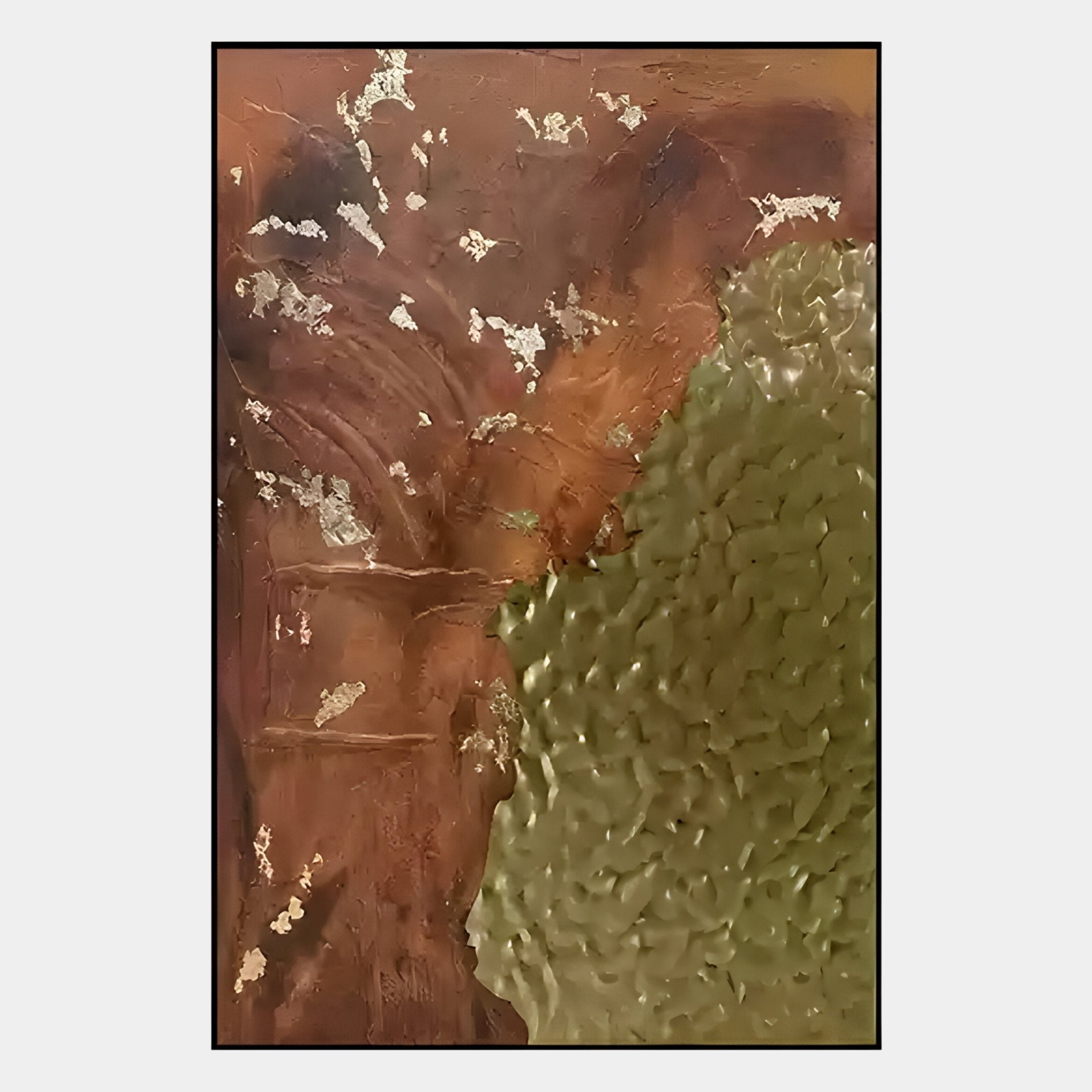 Astrid Rustic Glow Metallic Abstract Wall Art by Giant Sculptures features a textured brown left side, a raised mossy green right side, and metallic gold accents—ideal for adding dynamic, organic charm to modern interiors.