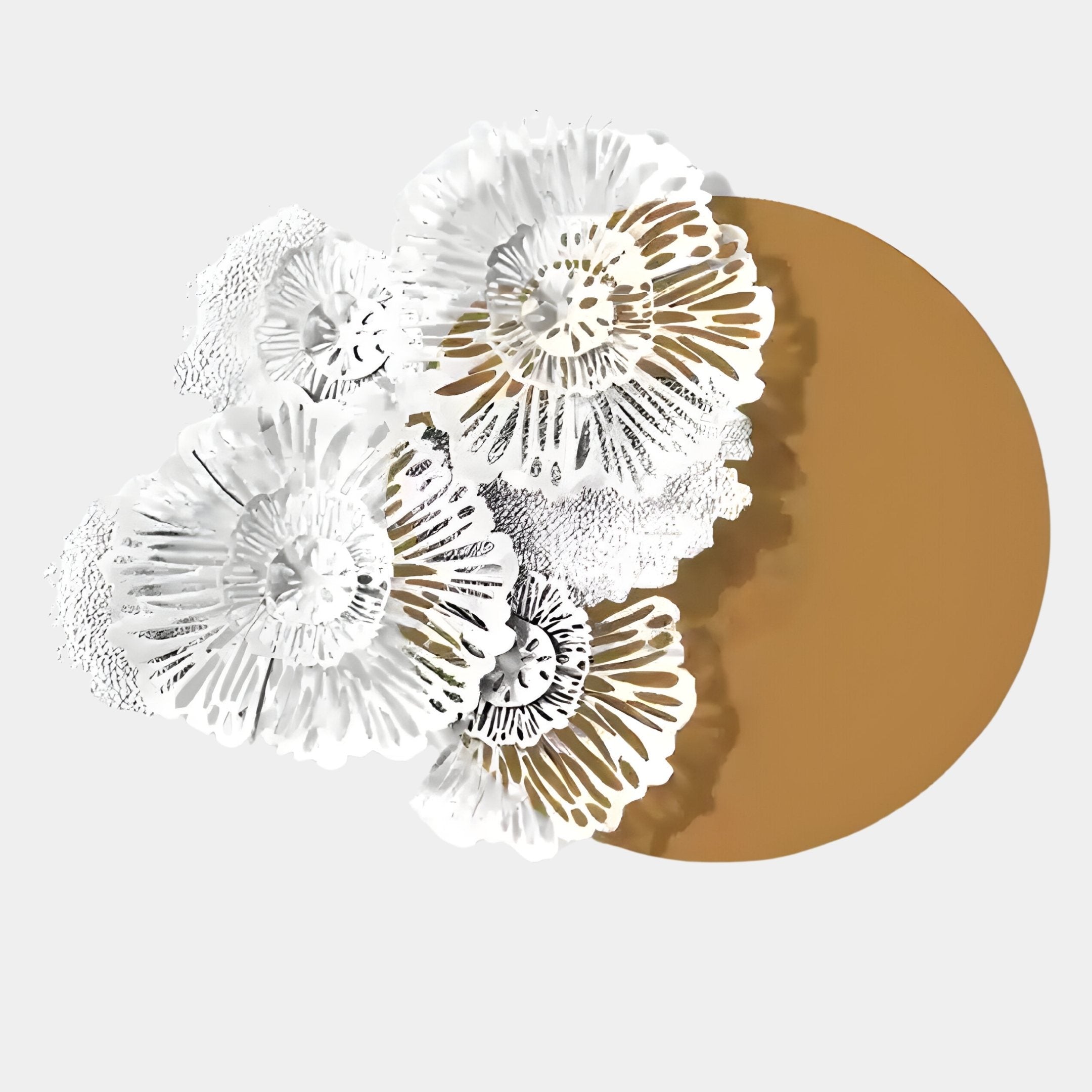 The Fleur Halo Mustard Round White Metal Floral Decorative Wall Art by Giant Sculptures features white, abstract floral shapes layered over a mustard-yellow circle on light gray, adding modern elegance and intricate detail to any space.