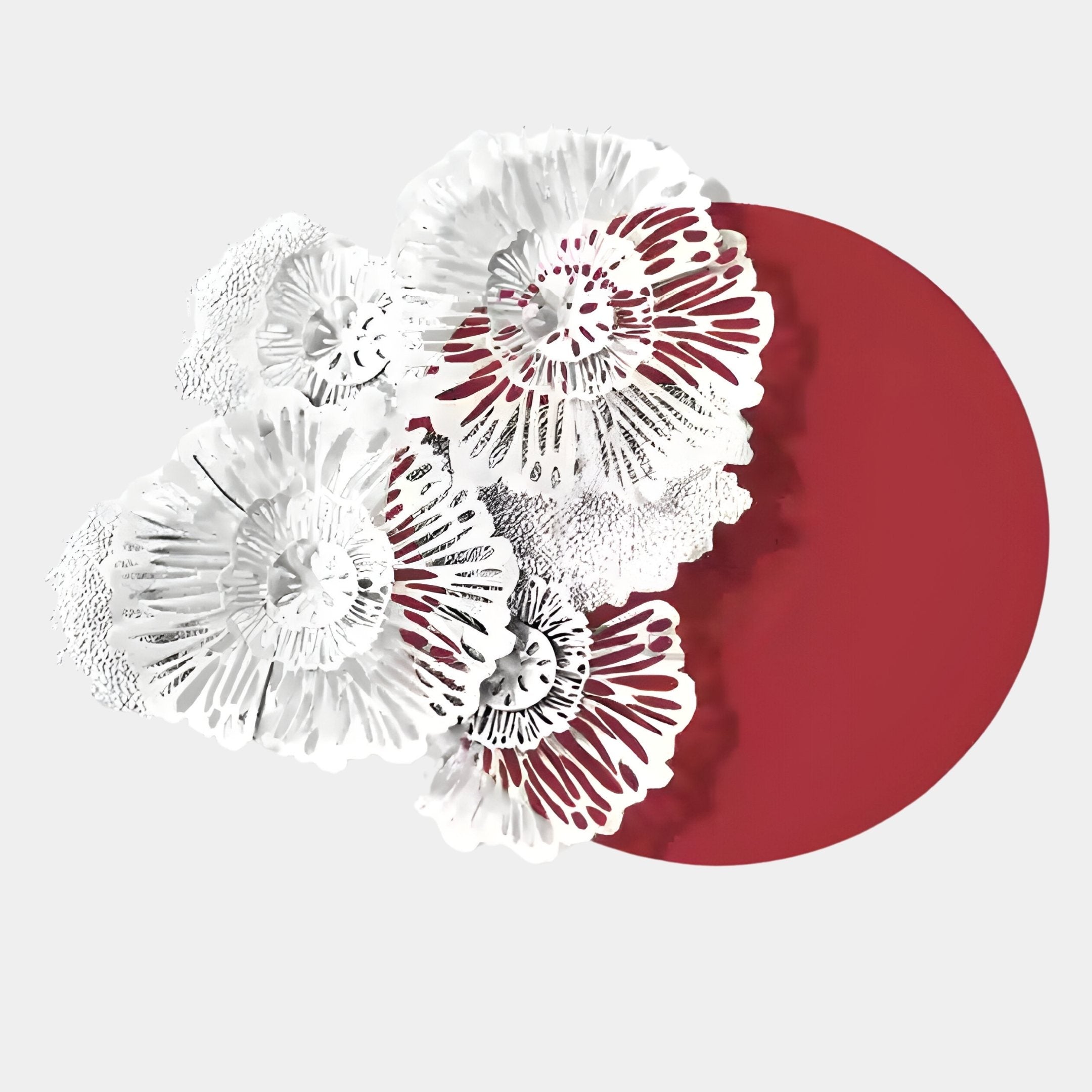 The Fleur Halo Red Round White Metal Floral Decorative Wall Art by Giant Sculptures features layered white metal flowers over a bold red circle, offering a sophisticated blend of floral and geometric design for your wall.