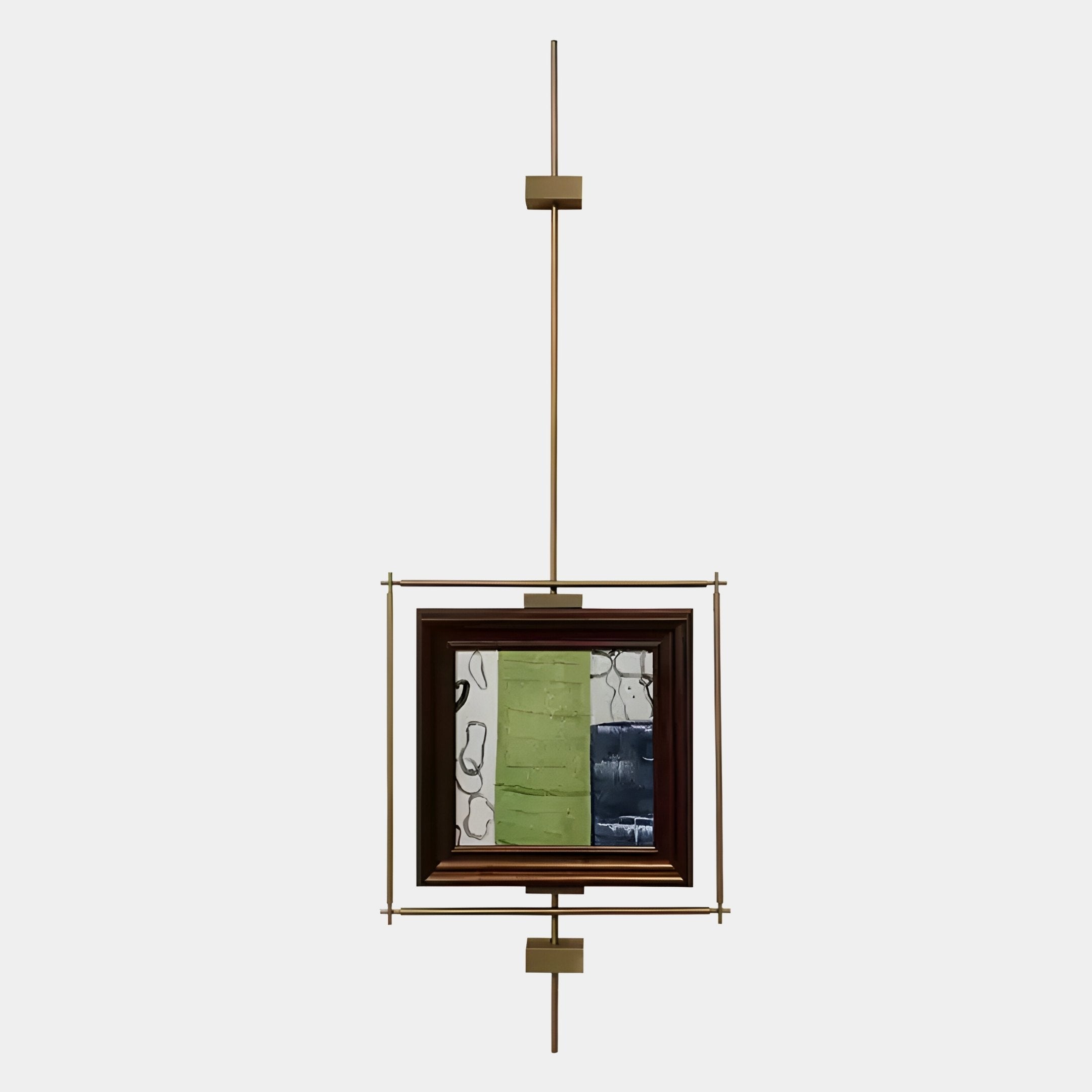 The Ethereal Frames Abstract Green Vintage Suspended Wall Art by Giant Sculptures features abstract art in a brown frame, suspended in a gold geometric metal structure with rectangular accents against a plain white background.