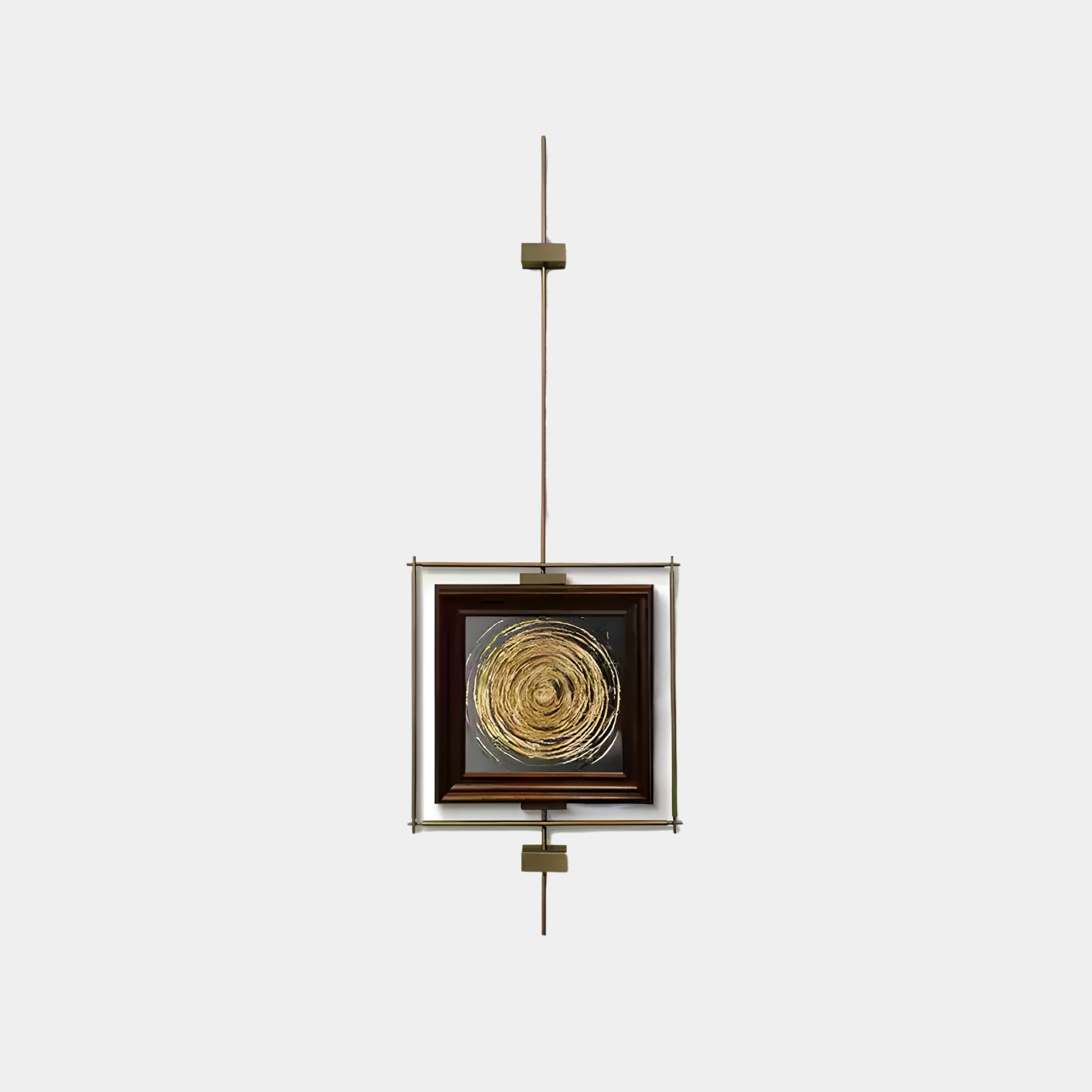 The Ethereal Frames Golden Swirl Artistic Suspended Wall Art by Giant Sculptures is ideal for modern vintage interiors, showcasing a square frame with concentric golden circles at the center on a vertical rod with decorative metal elements, elegantly displayed against a white background.