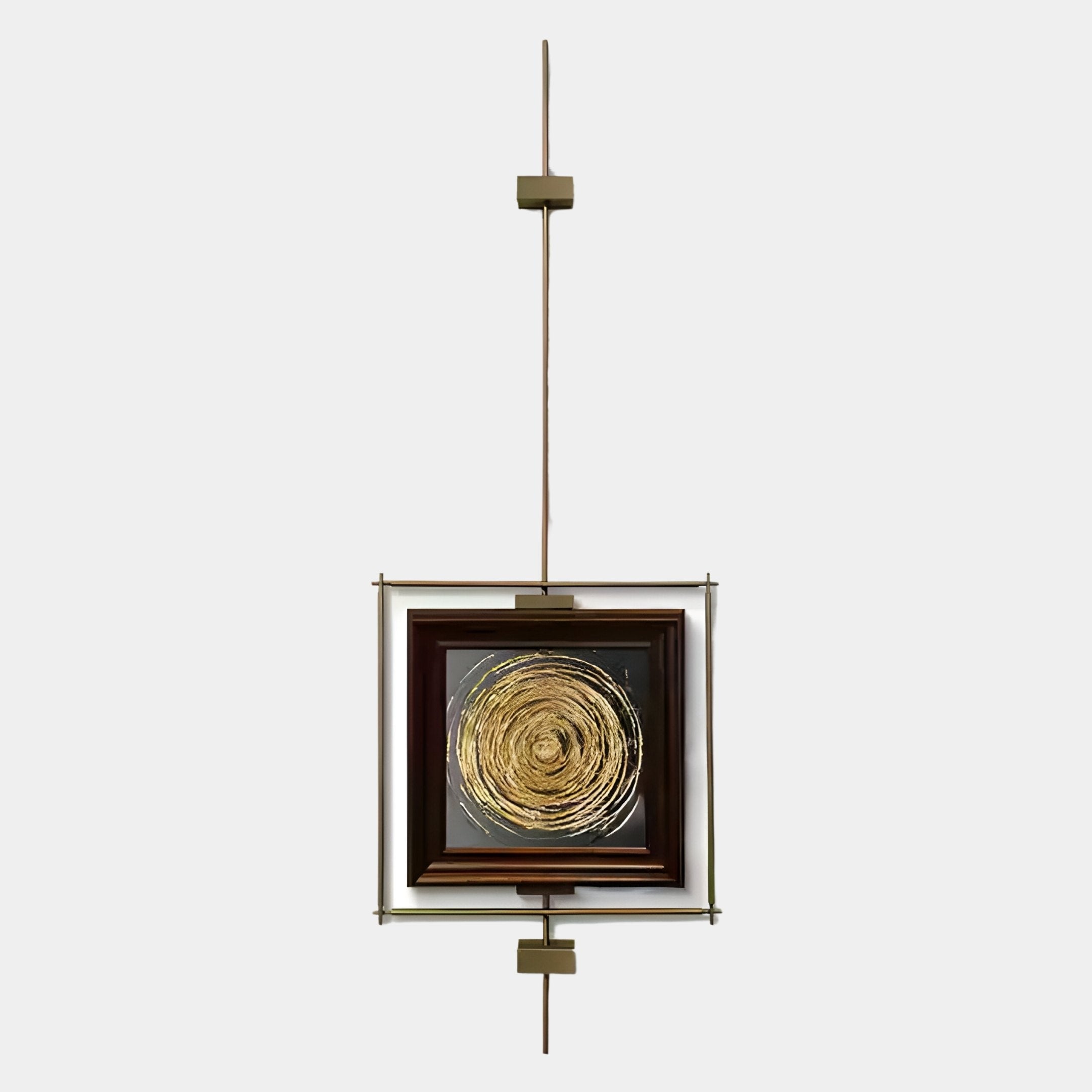 The Ethereal Frames Golden Swirl Artistic Suspended Wall Art by Giant Sculptures features gold spiral brushstrokes on a dark background, framed and suspended in metal, adding modern or vintage flair with its vertical decorative metallic accents.
