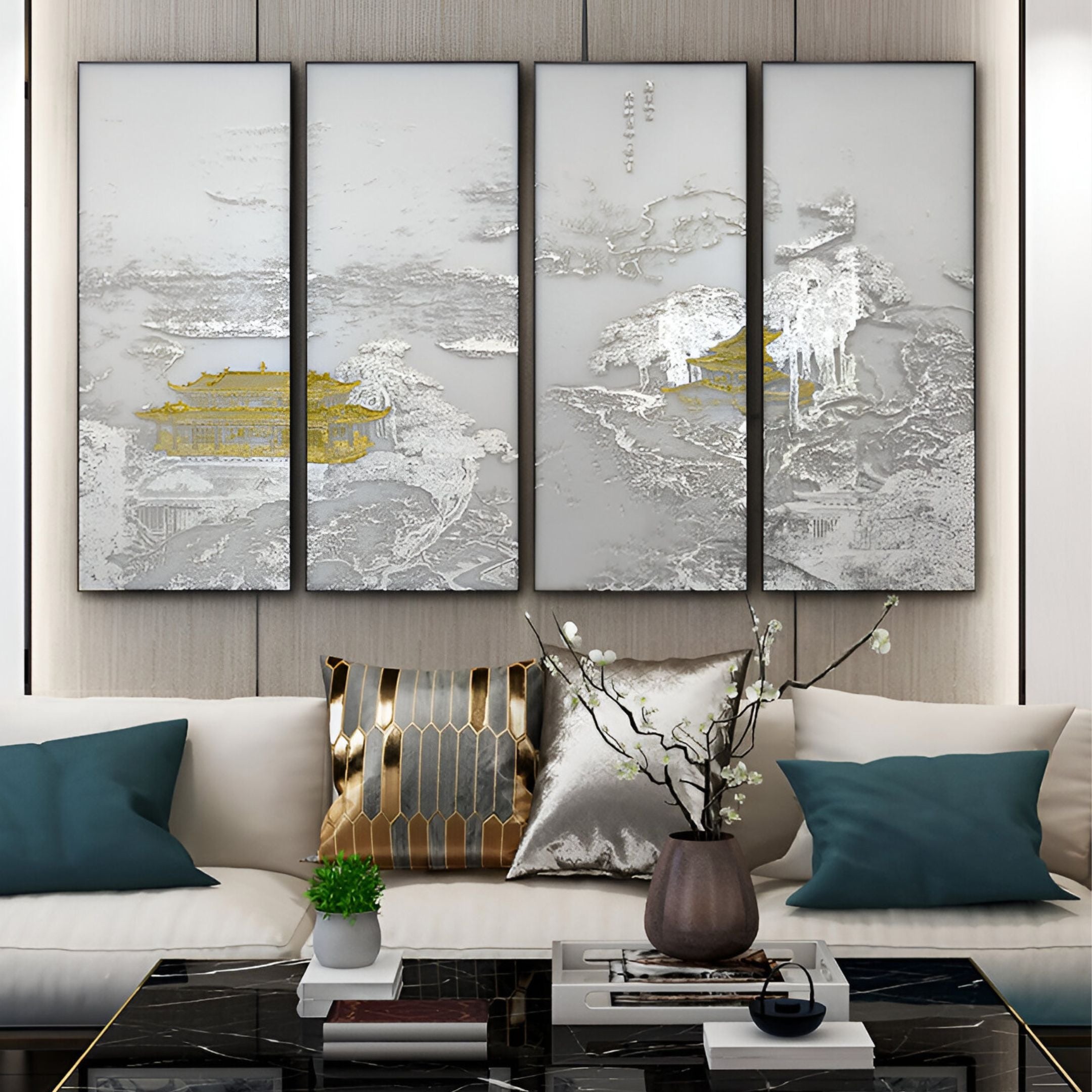 Elegant living room design featuring a four-panel Chinese-inspired wall art piece with golden pagodas and intricate silver embossing, complemented by modern decor elements.