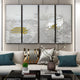 Elegant living room design featuring a four-panel Chinese-inspired wall art piece with golden pagodas and intricate silver embossing, complemented by modern decor elements.