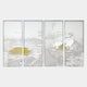 The Velantra Intricate Multi-Panel Silk Artwork by Giant Sculptures features four vertical panels with 3D textured designs, showcasing a serene Asian landscape with white and silver trees, clouds, and two gold-colored pagodas.