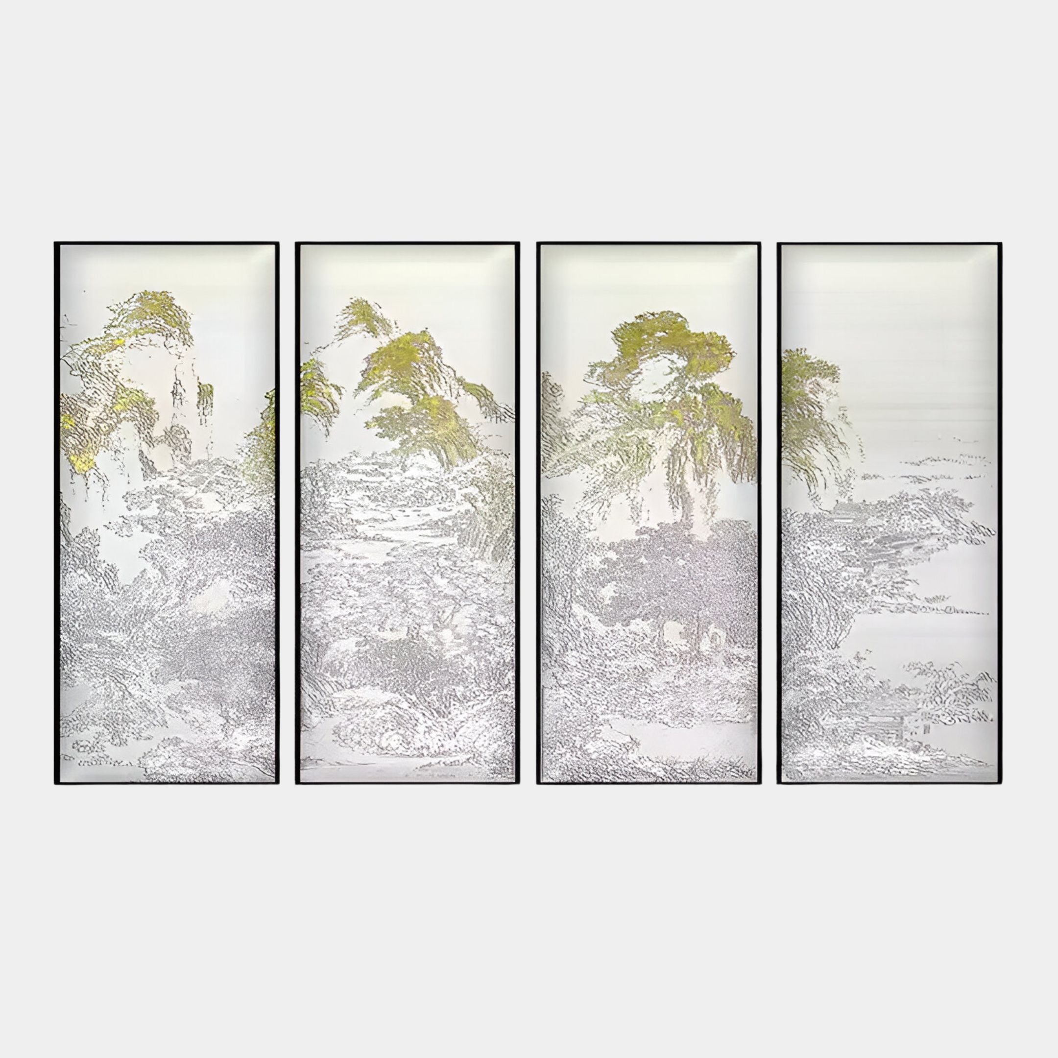 The Velantra Multi-Panel Silk Artwork by Giant Sculptures showcases a serene landscape of misty mountains and trees in pastel green and gray, with textured elements enhancing the panoramic view.