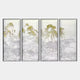 Four vertical panels from Giant Sculptures’ Velantra Multi-Panel Silk Artwork feature mountains, trees, and mist in soft gray and yellow-green, showcasing intricate natural detailing and traditional craftsmanship for a serene, harmonious display.