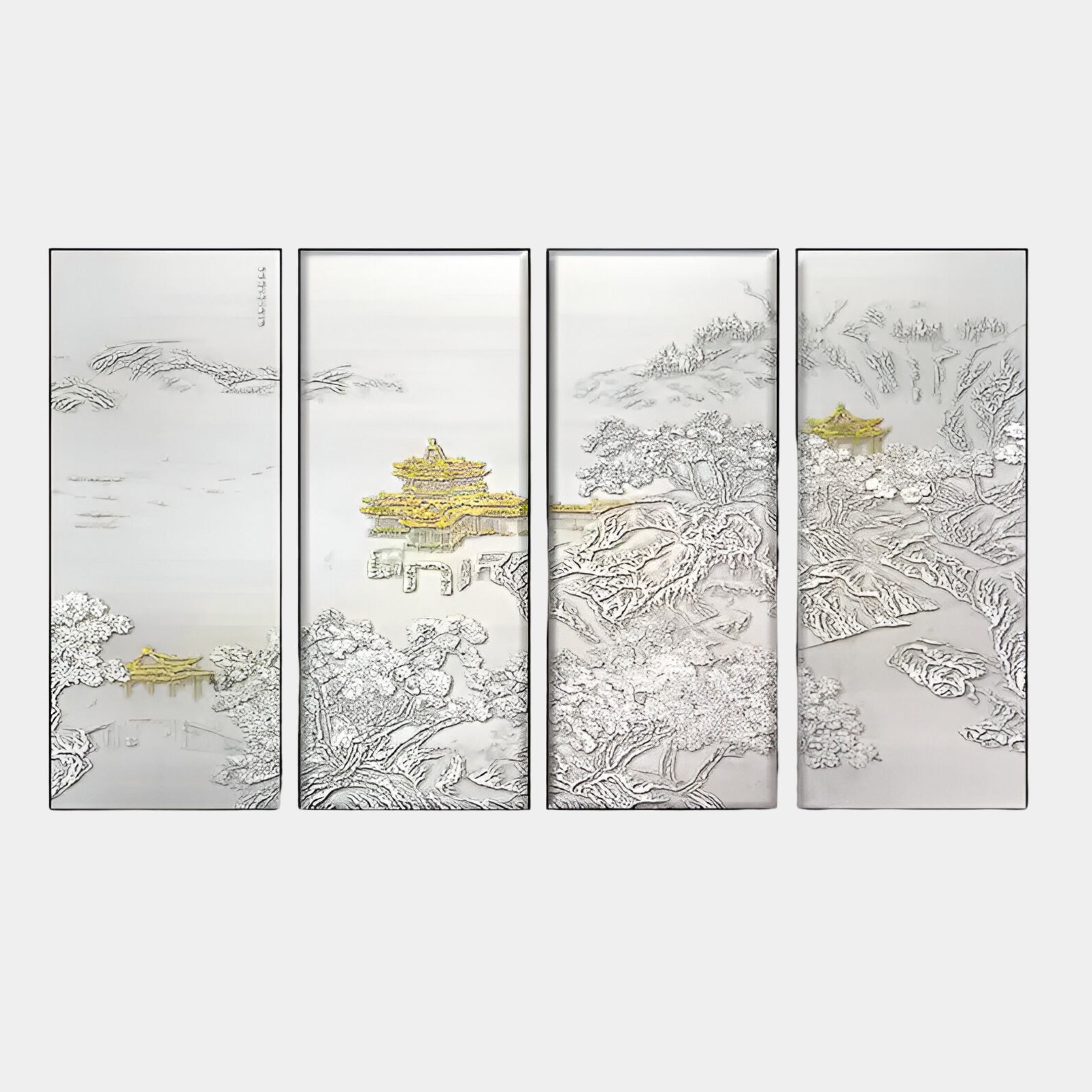 The Velantra Harmonious Multi-Panel Silk Art by Giant Sculptures showcases a serene landscape with intricate trees, mountains, and traditional Asian architecture. Enhanced with 3D features and gold highlights, the handcrafted panels suggest a harmonious natural setting.