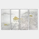 The Velantra Harmonious Multi-Panel Silk Art With 3D Landscape Features by Giant Sculptures showcases four vertical panels with trees, mountains, and pavilions in gold and silver hues, exuding serene elegance with detailed three-dimensional craftsmanship.