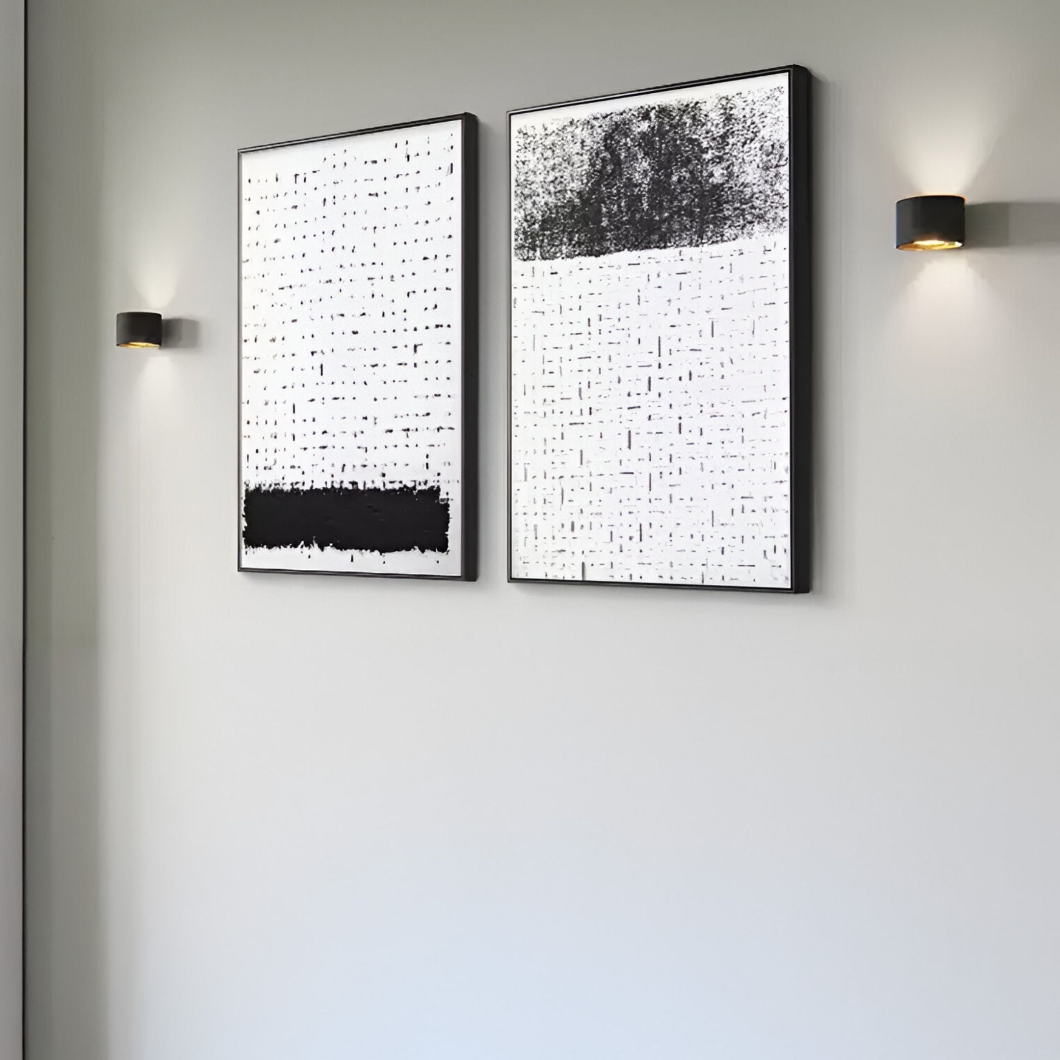 Monochromatic Silk Art design with black and white patterns framed in a sleek black border.