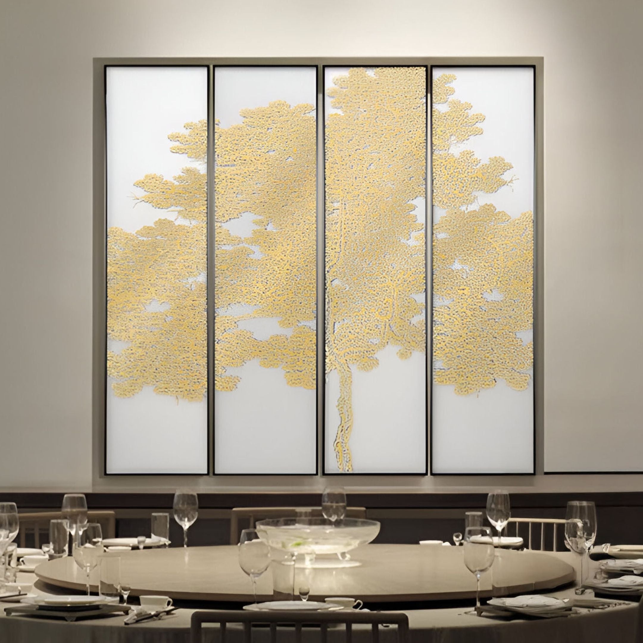 Golden Silk Art wall decor with a nature-inspired design, perfect for office lobbies or upscale homes.