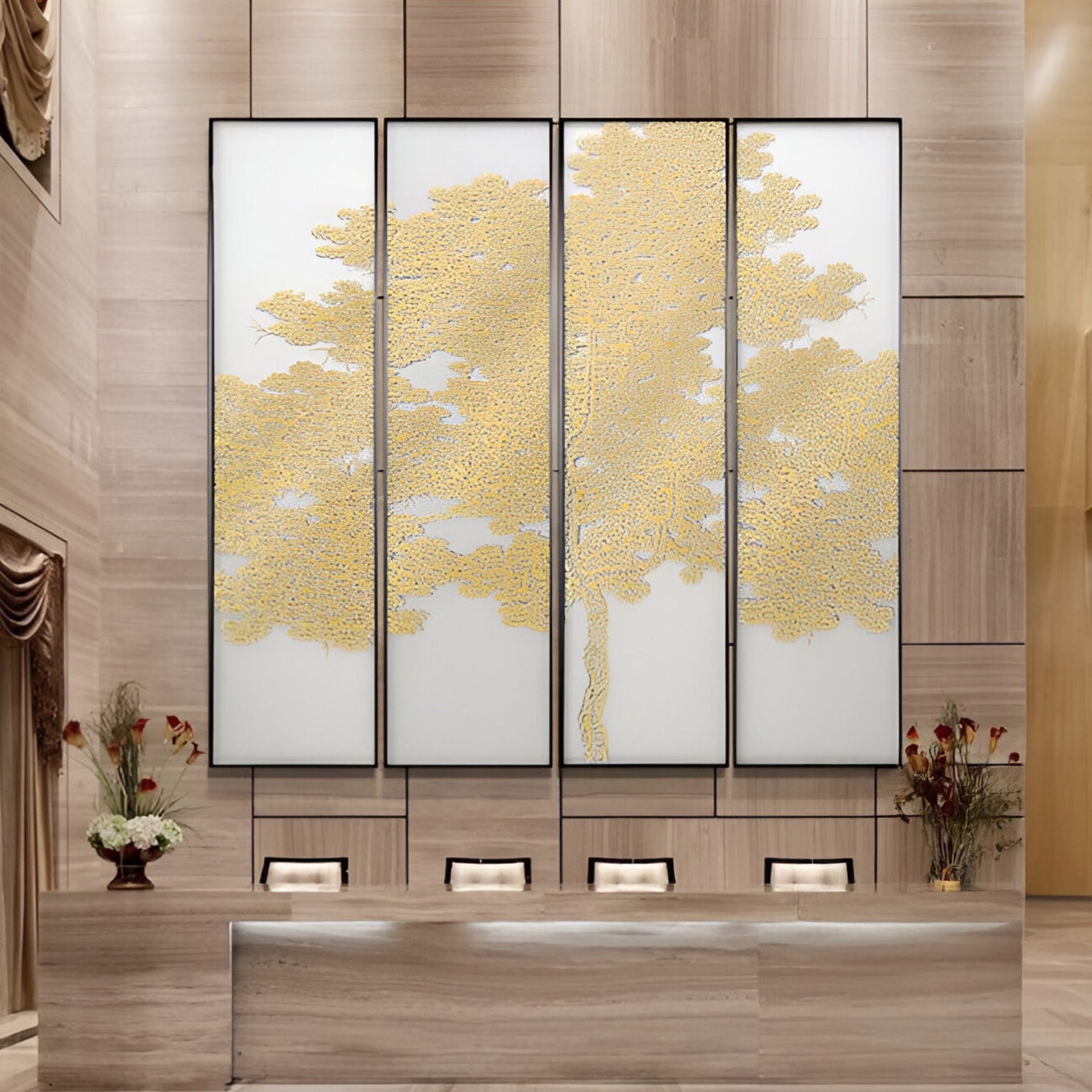 Vertical wall panels with a golden tree motif on a radiant silk-inspired backdrop, ideal for luxurious interiors.