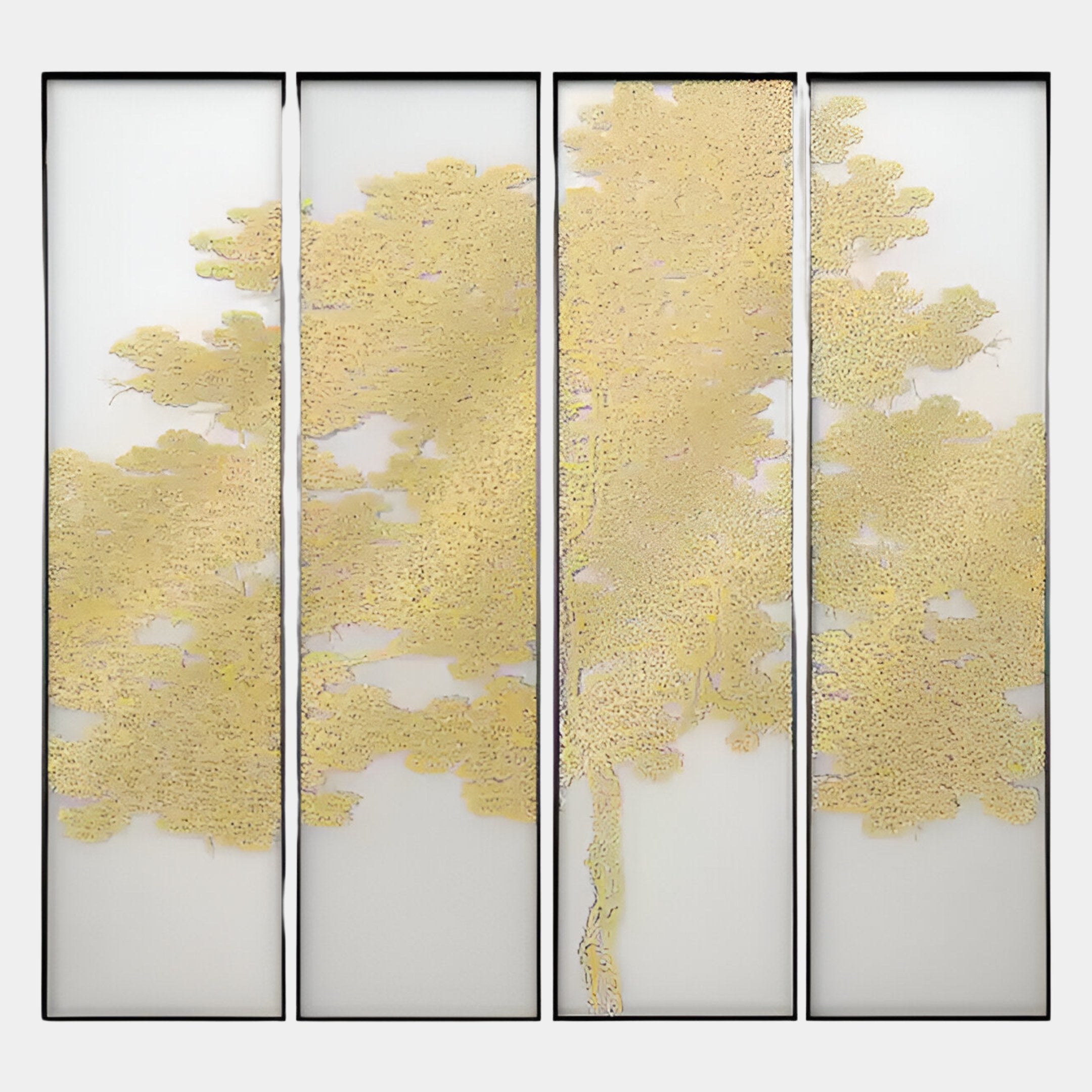 The Etheline Golden Silk Art Wall Panels from Giant Sculptures feature a nature-inspired golden tree motif across four vertical panels, blending modern artistry and elegance to create striking wall decor.