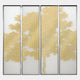 The Etheline Golden Silk Art Wall Panels from Giant Sculptures feature a nature-inspired golden tree motif across four vertical panels, blending modern artistry and elegance to create striking wall decor.