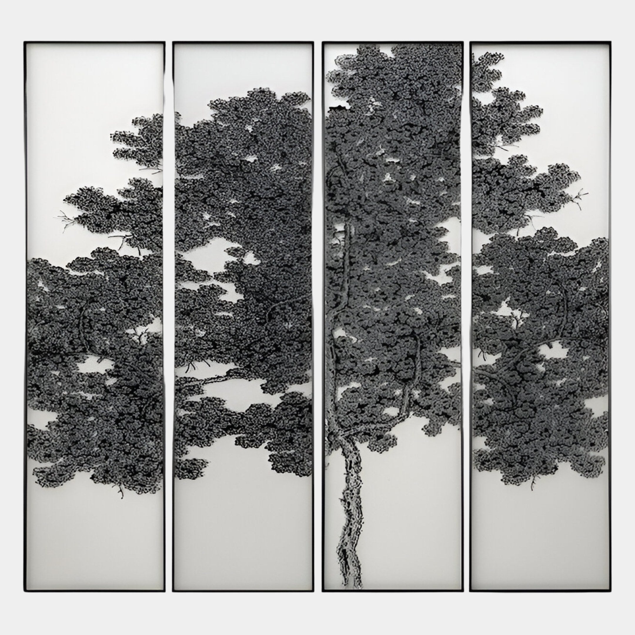 The Etheline Refined Silk Art Panels by Giant Sculptures feature four vertical panels with intricate black and white tree branches, forming a seamless, nature-inspired artwork—ideal for modern decor.