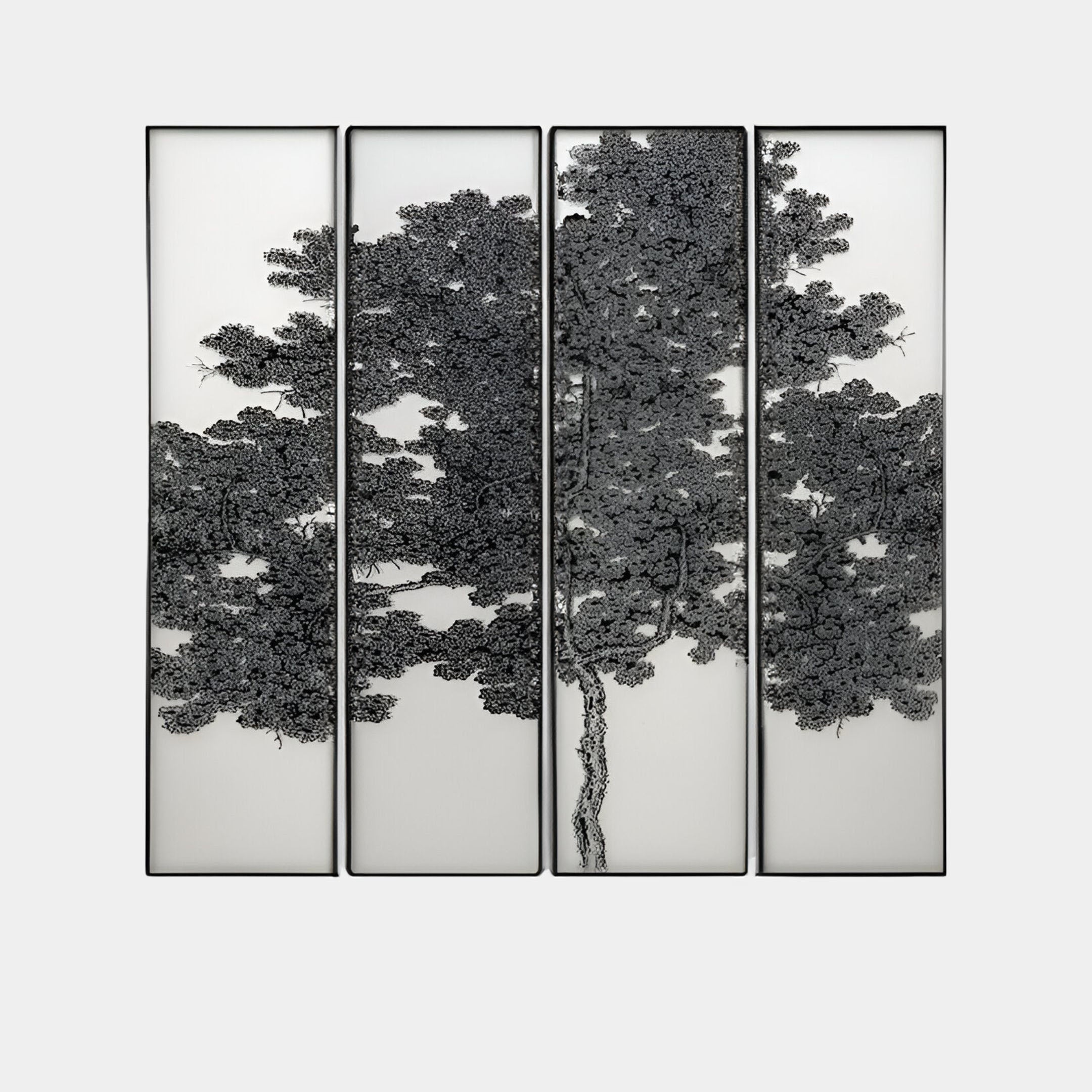 Four-panel Silk Art featuring a black tree design on a white silk-inspired background, perfect for modern interiors.