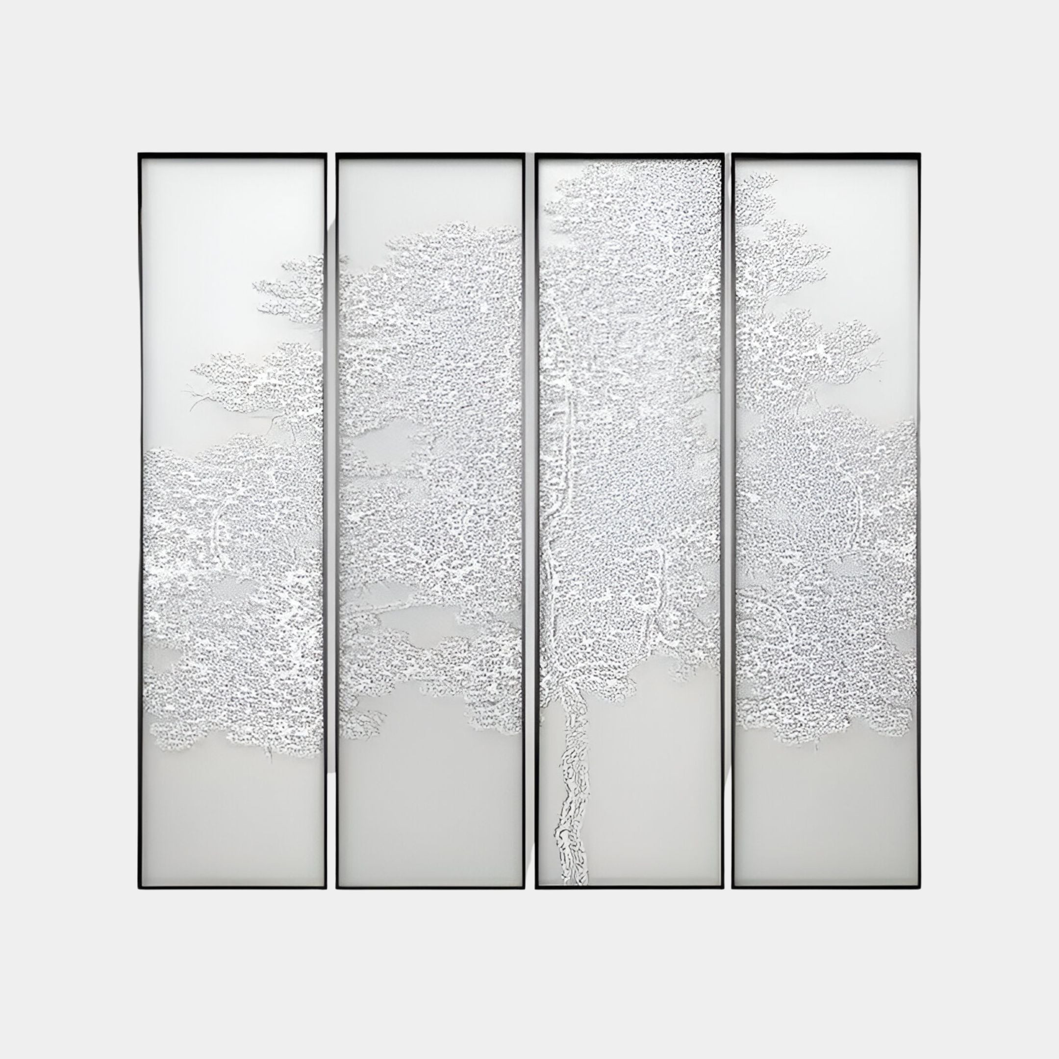 Four-panel Silk Art wall decor featuring a white tree motif on a silk-inspired luminous background.