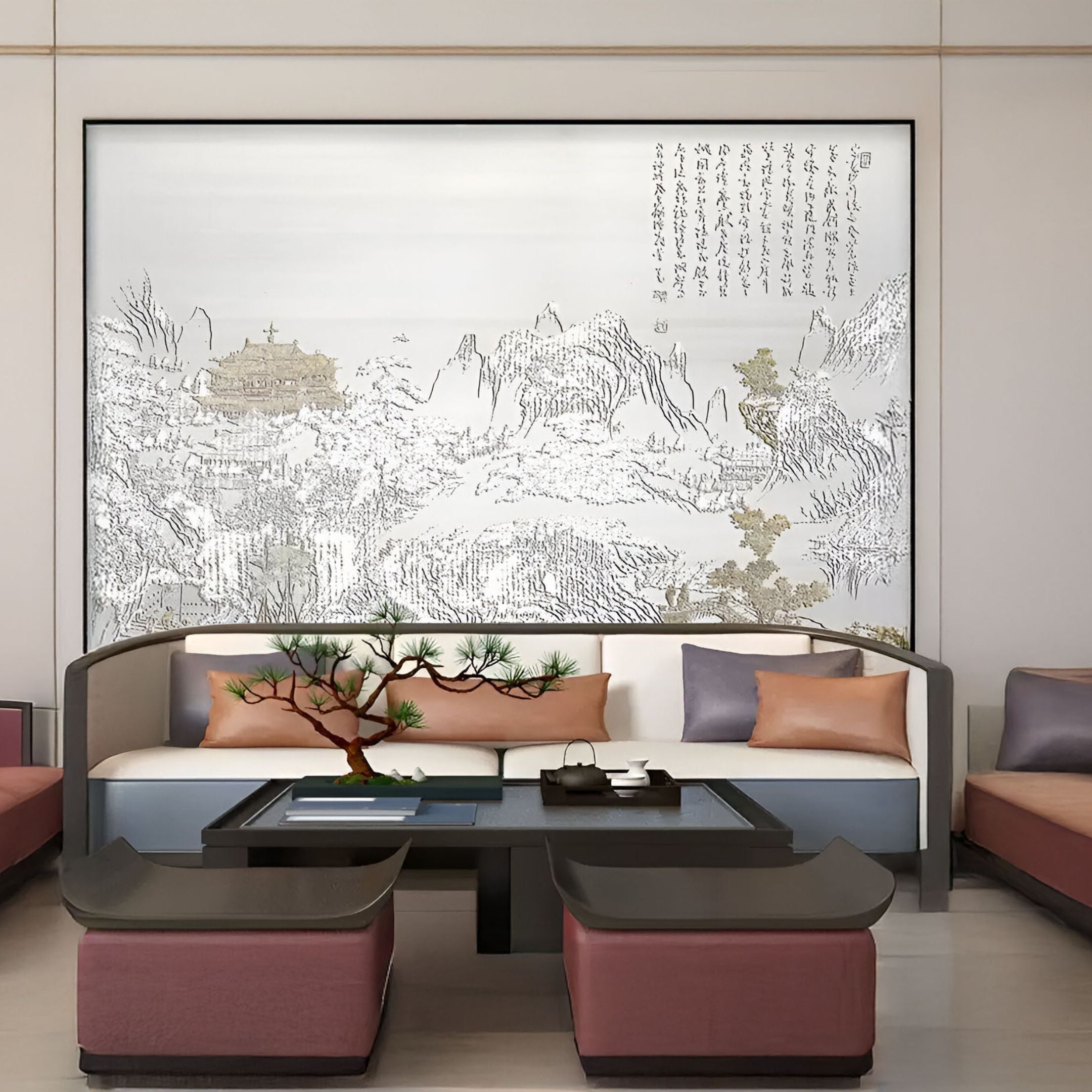 Sophisticated lounge space adorned with a framed Chinese-inspired etched artwork, showcasing a serene scene with metallic detailing and traditional elements.