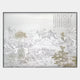 Silvienne Handcrafted Silk Artwork With Radiant Gold Foil Highlights by Giant Sculptures features an ink and wash landscape of mountains, trees, river, and traditional buildings with calligraphy, all accented by elegant gold foil detailing.