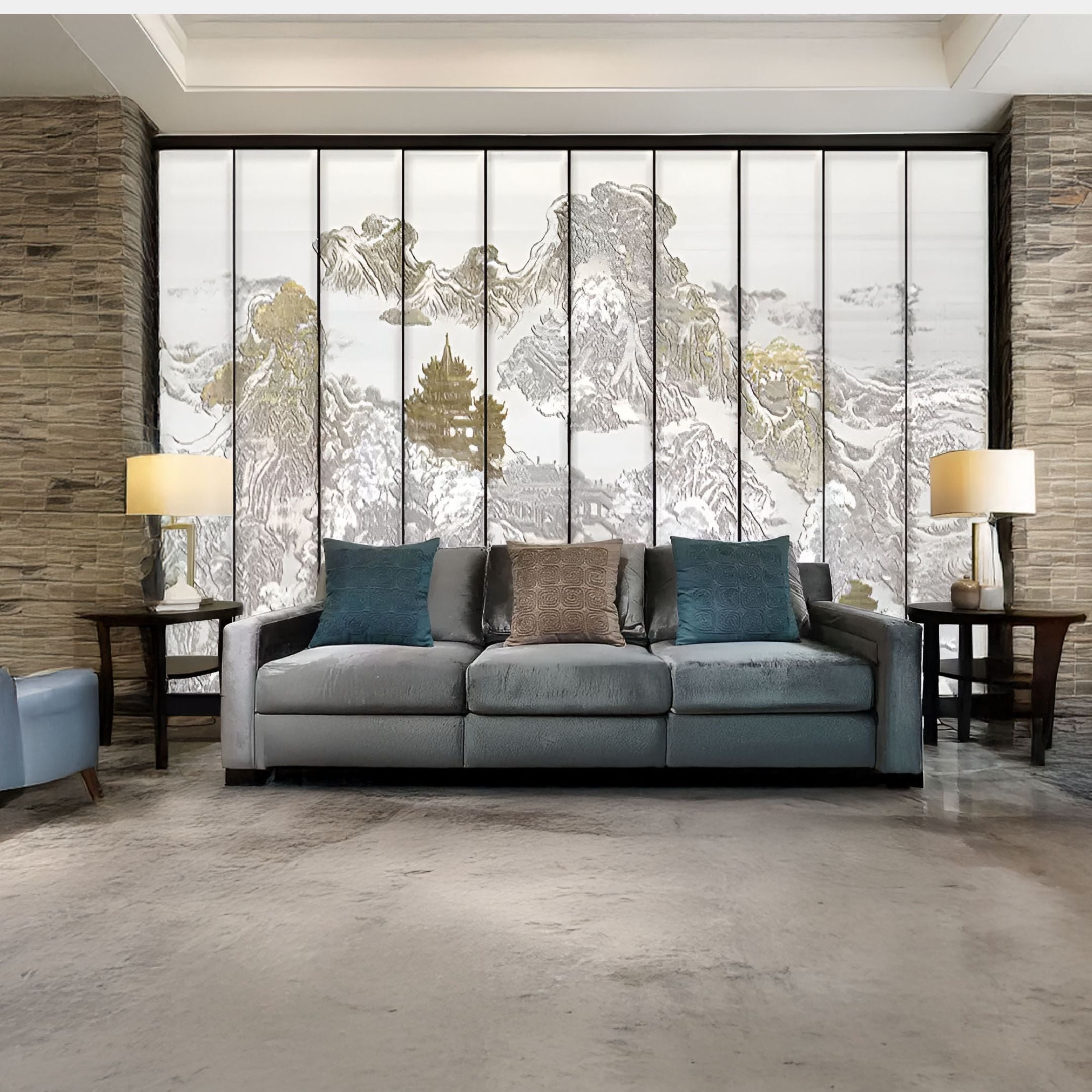 Luxurious living room with a large multi-panel wall art featuring Chinese-style gold and white etchings, creating an elegant and serene atmosphere.