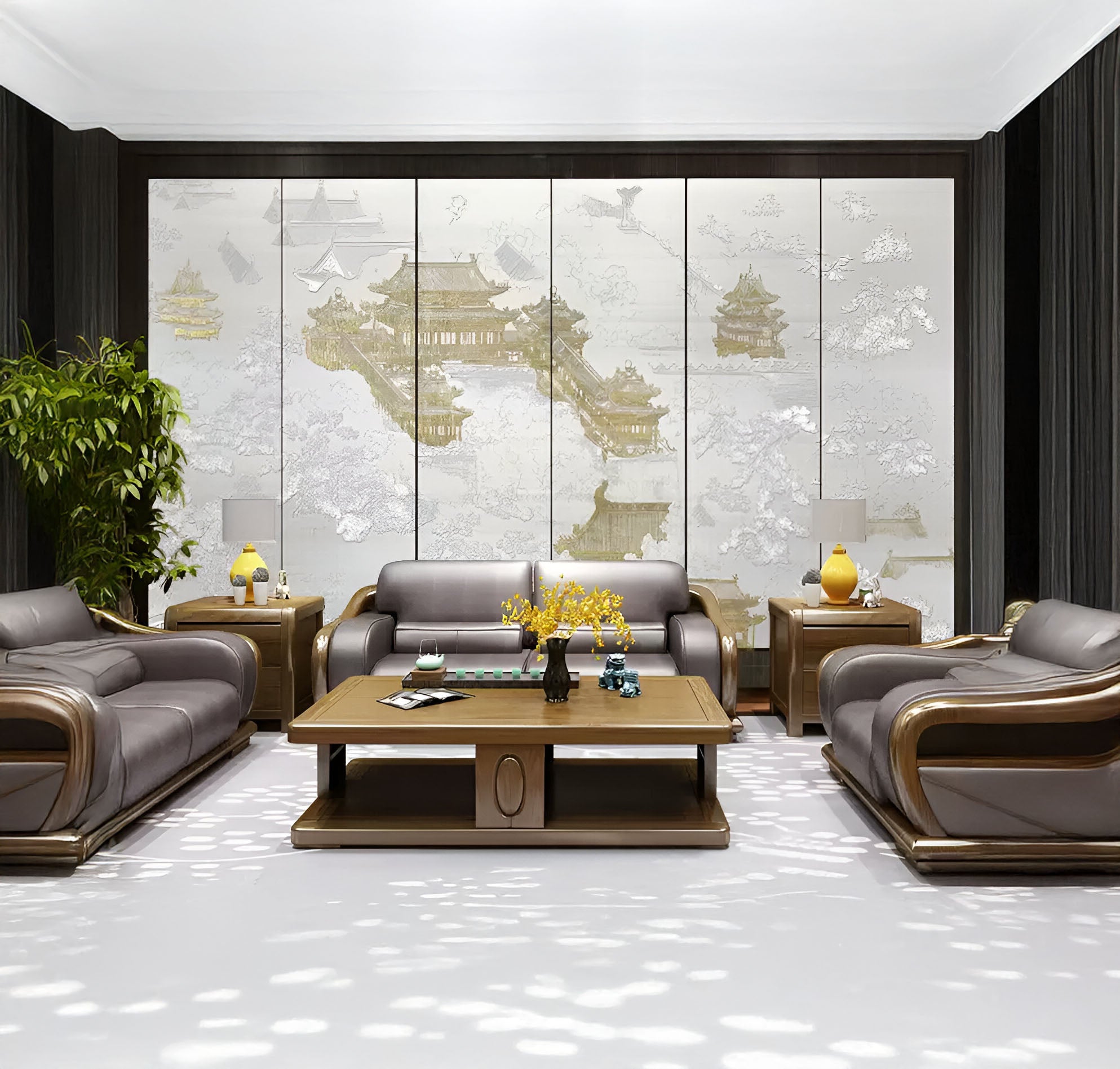 Elegant living room featuring modern brown leather sofas and a wooden coffee table. Decorative paneling with Silvienne Timeless Silk Wall Art from Giant Sculptures, adorned with 3D gold foil highlights, elevates the space. A leafy plant and tabletop ornaments add warmth and style.