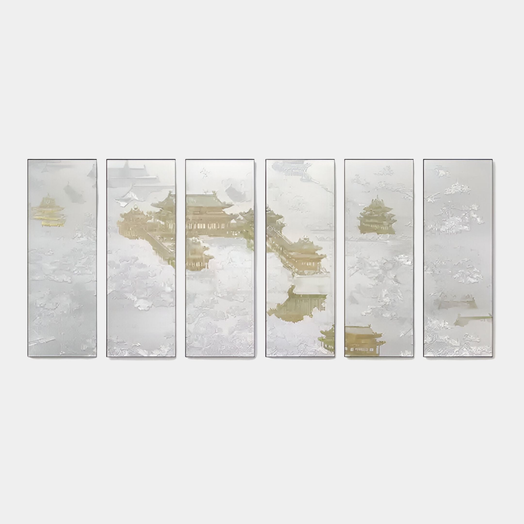 The Silvienne Timeless Silk Wall Art by Giant Sculptures features faint images of Asian architecture and landscapes. Handcrafted on silk with muted tones, subtle pagodas, and misty scenery, it creates a serene effect enhanced by 3D gold foil detailing.