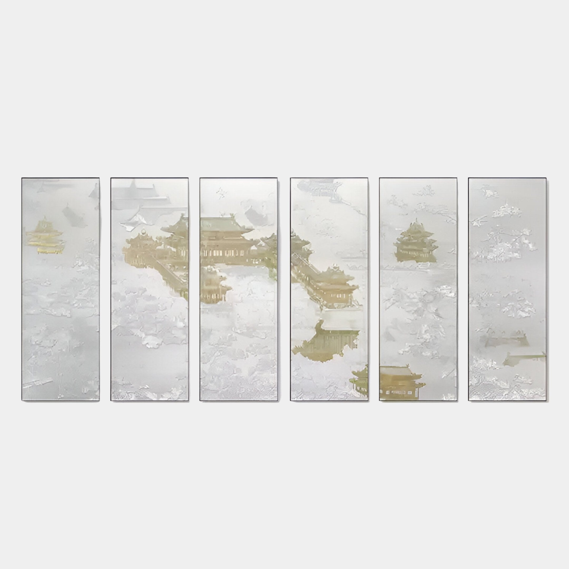 The Silvienne Timeless Silk Wall Art by Giant Sculptures features six vertical panels with a subtle Asian landscape in soft gold and gray on a light background, accented by 3D gold foil highlights for an elegant touch.