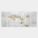 The Silvienne Timeless Silk Wall Art by Giant Sculptures features six vertical panels with a subtle Asian landscape in soft gold and gray on a light background, accented by 3D gold foil highlights for an elegant touch.