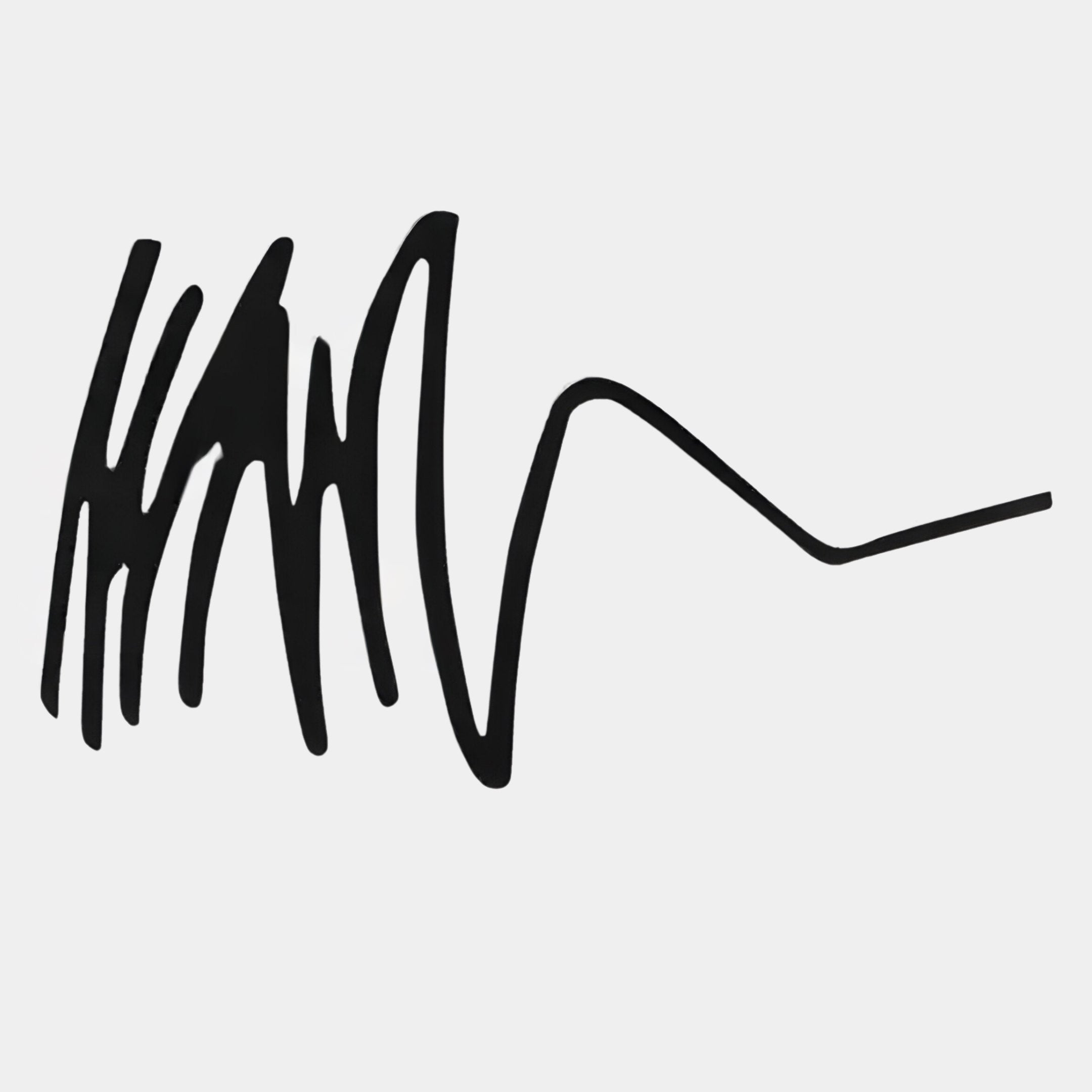 The Oscura Dynamic Flow Black Abstract Metal Wall Art by Giant Sculptures features a bold black squiggly line with vertical strokes, curves, and a zigzag that thins to a straight finish—ideal for minimalist decor or as striking abstract wall art.