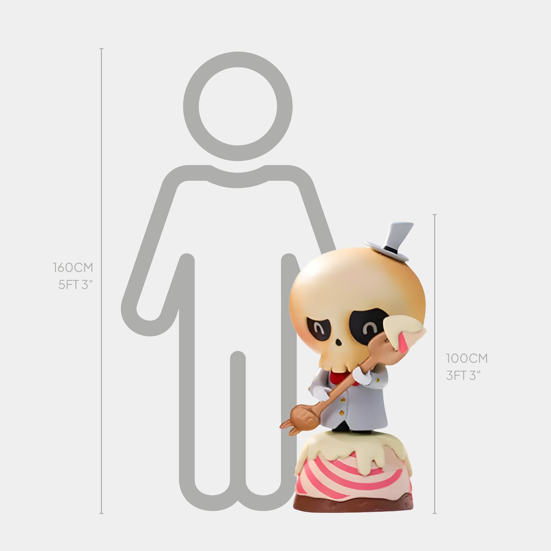 The Sweet Mischief Pastry Skull Chef Labubu Sculpture by Giant Sculptures is a 100cm-tall figure with a skull head in a suit and top hat, standing on a dessert-inspired base and holding a spoon. Shown next to a 160cm human for scale.