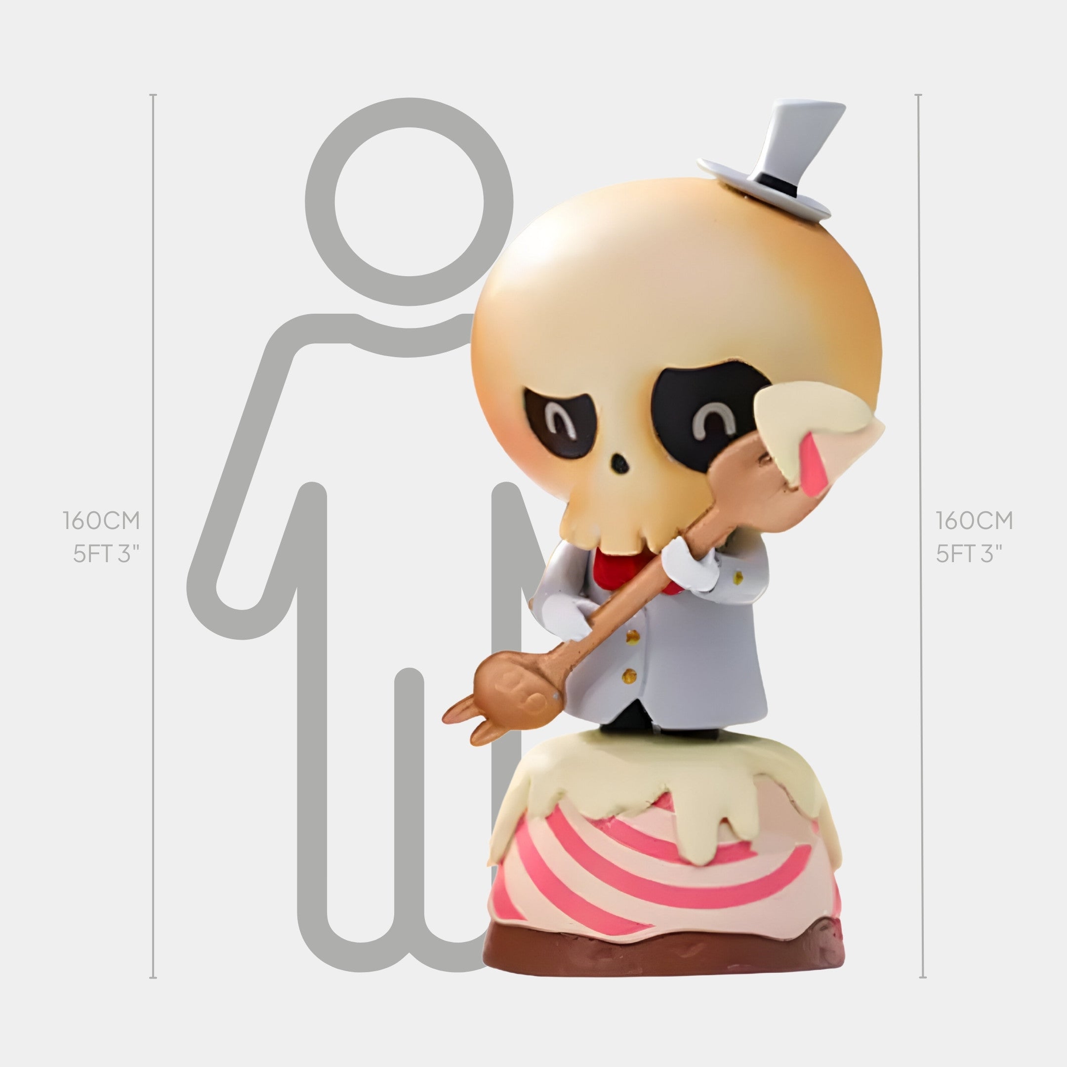 The Sweet Mischief Pastry Skull Chef Labubu Sculpture by Giant Sculptures is a 160cm fibreglass centrepiece portraying Labubu as a pastry chef with a skull head, top hat, and suit, holding a spoon on a swirled cake beside a human figure for scale.
