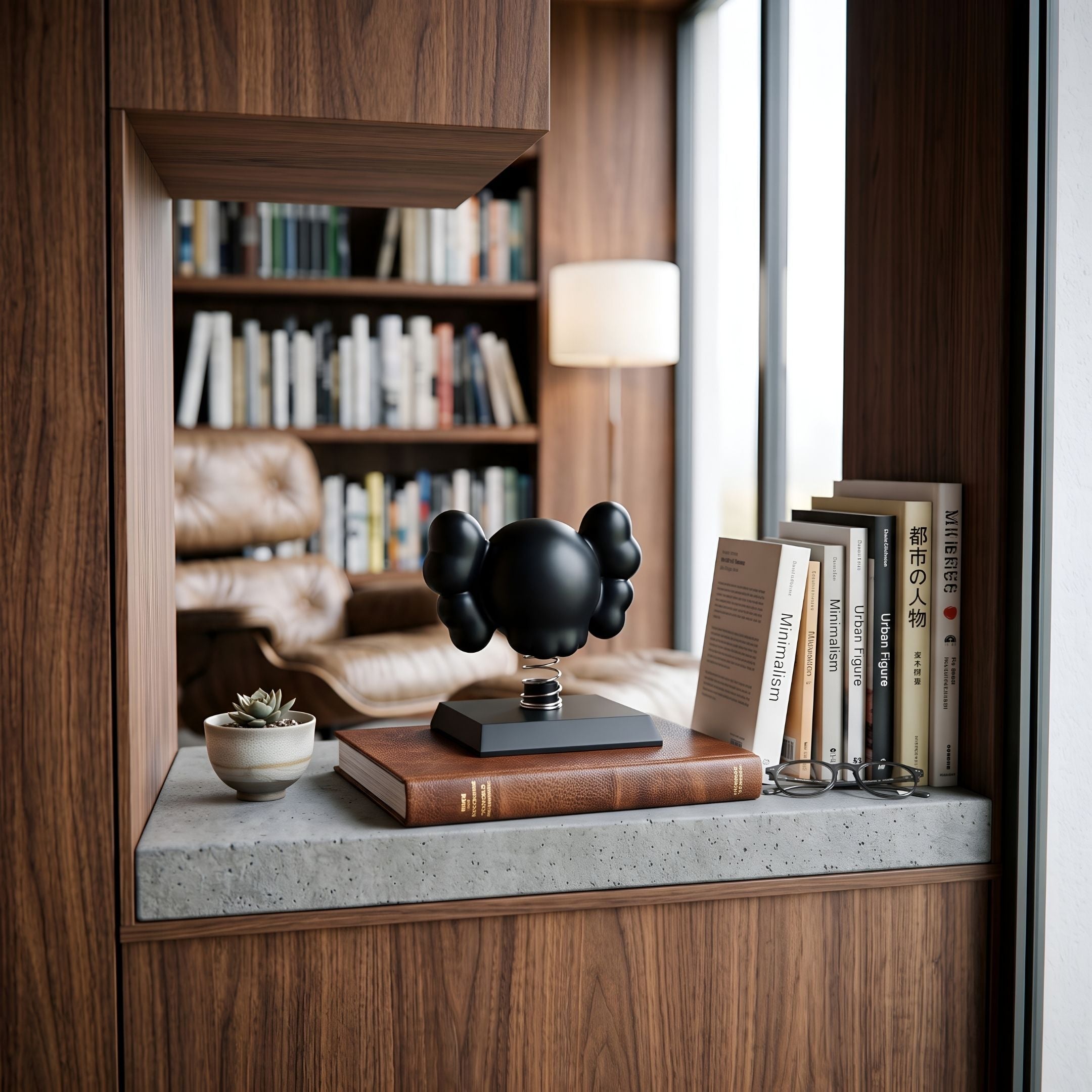 Midnight Black II Iconify Bobblehead Figure, 10cm, on a book and black square base by a windowside shelf with bookshelves and a succulent nearby.