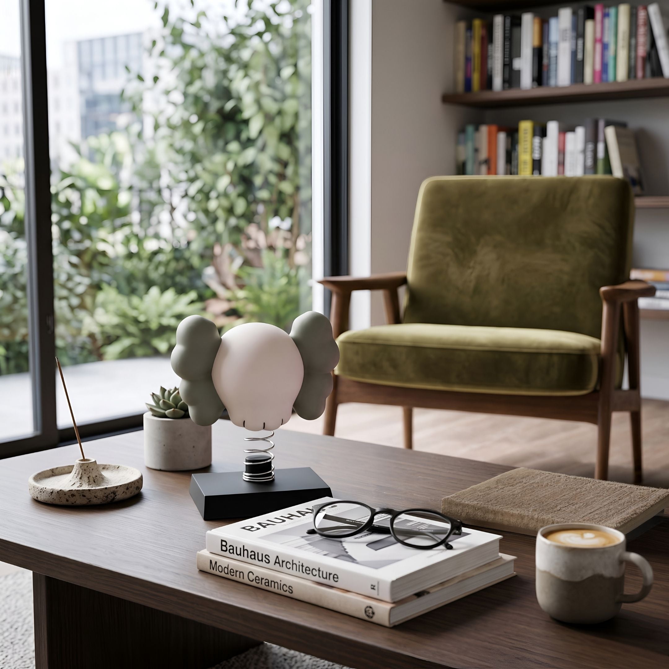 Soft Ivory Iconify Bobblehead Figure, 10cm, with grey ears and black spring base, displayed on a coffee table beside books and a green armchair.