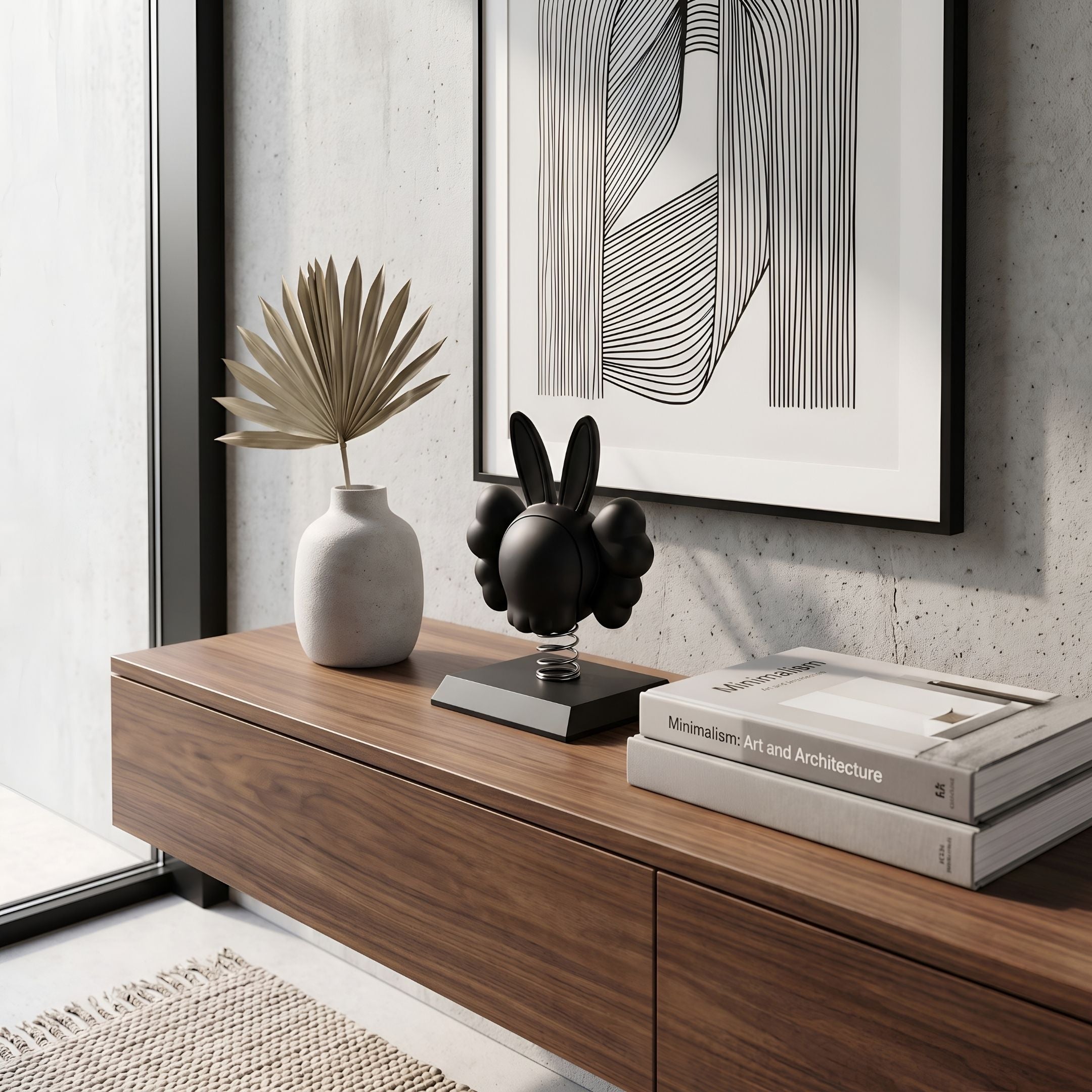 Obsidian Black Iconify Bobblehead Rabbit Figure, 10cm, on a walnut sideboard with a ceramic vase, books, and framed line art in a minimalist room.