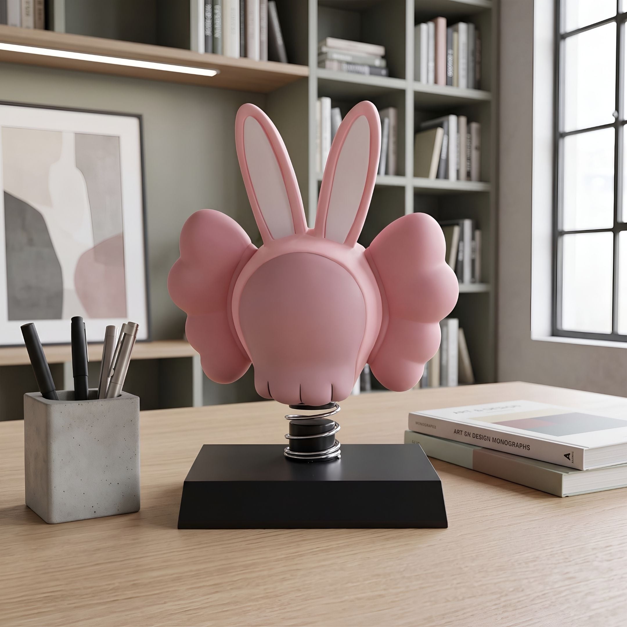 Petal Pink Iconify Bobblehead Rabbit Figure, 10cm, with bunny ears and wings on a spring and black base, displayed on an office desk near books.