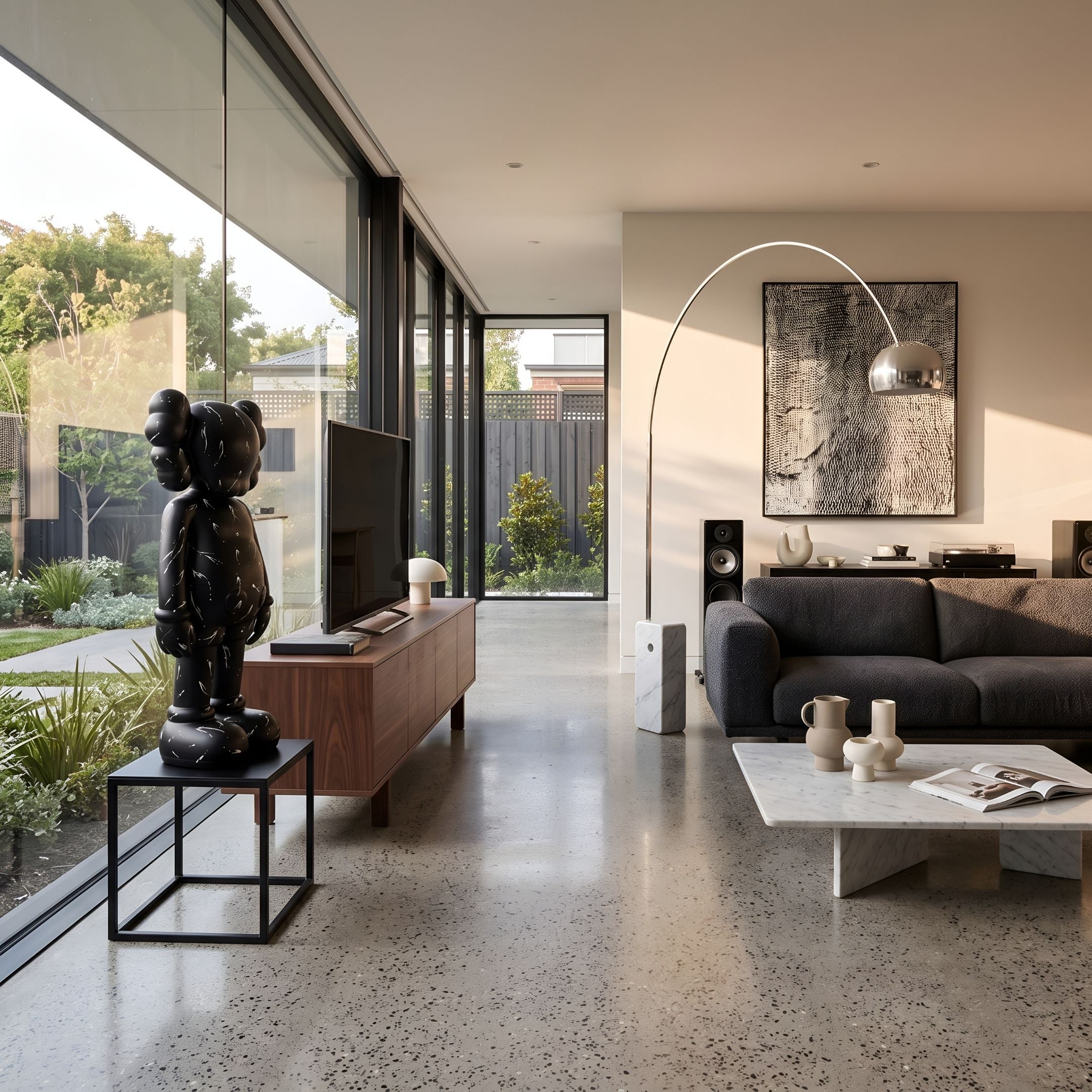Black Stone Iconify Standing Sculpture, 100cm, on a black cube stand beside a media console in a modern living room with glass walls and a dark sofa.