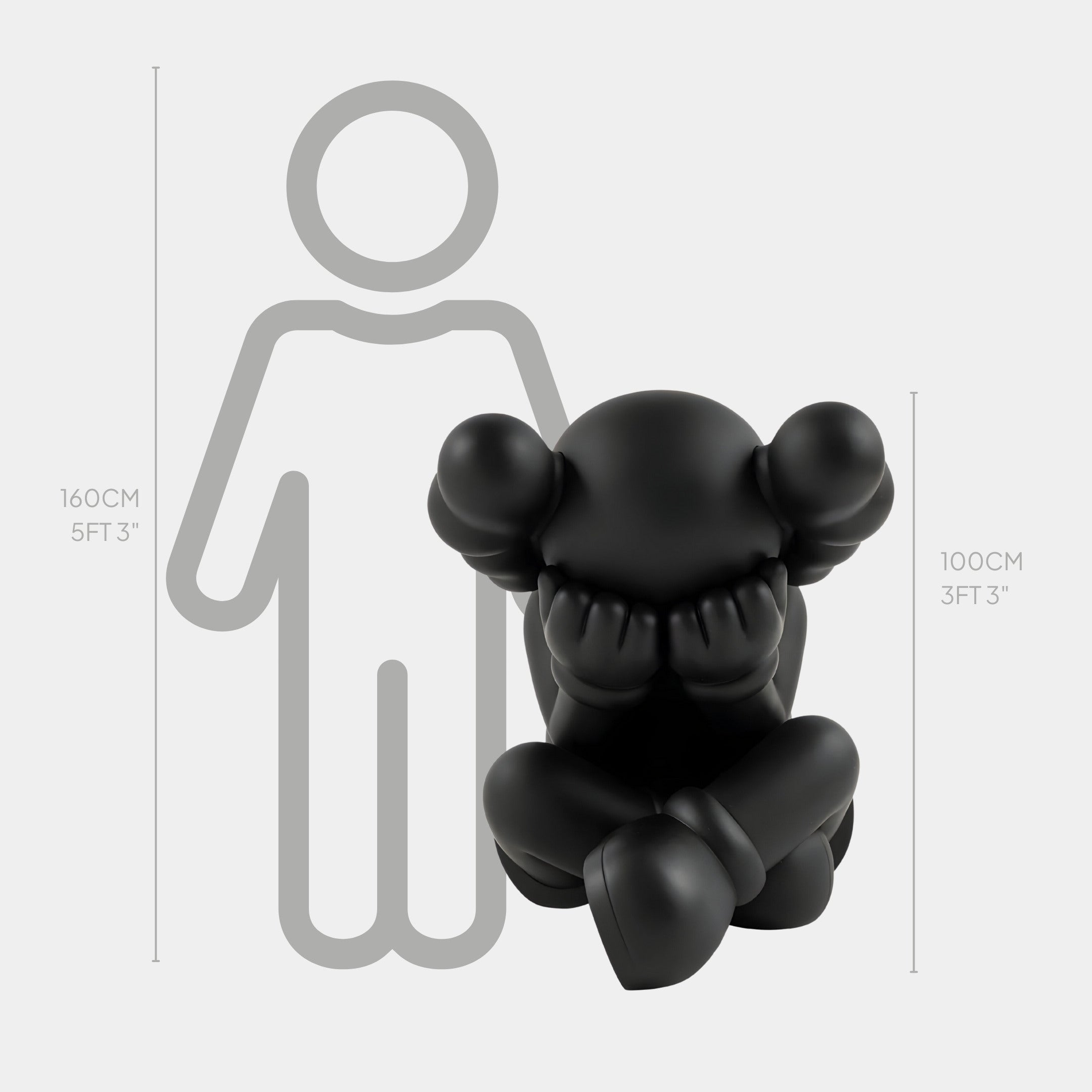 A black Obsidian Black Iconify Sorrow Sculpture by Giant Sculptures, measuring 92 cm, depicts a seated figure deep in thought with hands covering its face next to a simplified human outline for scale marked at 160 cm (5 ft 3 in).