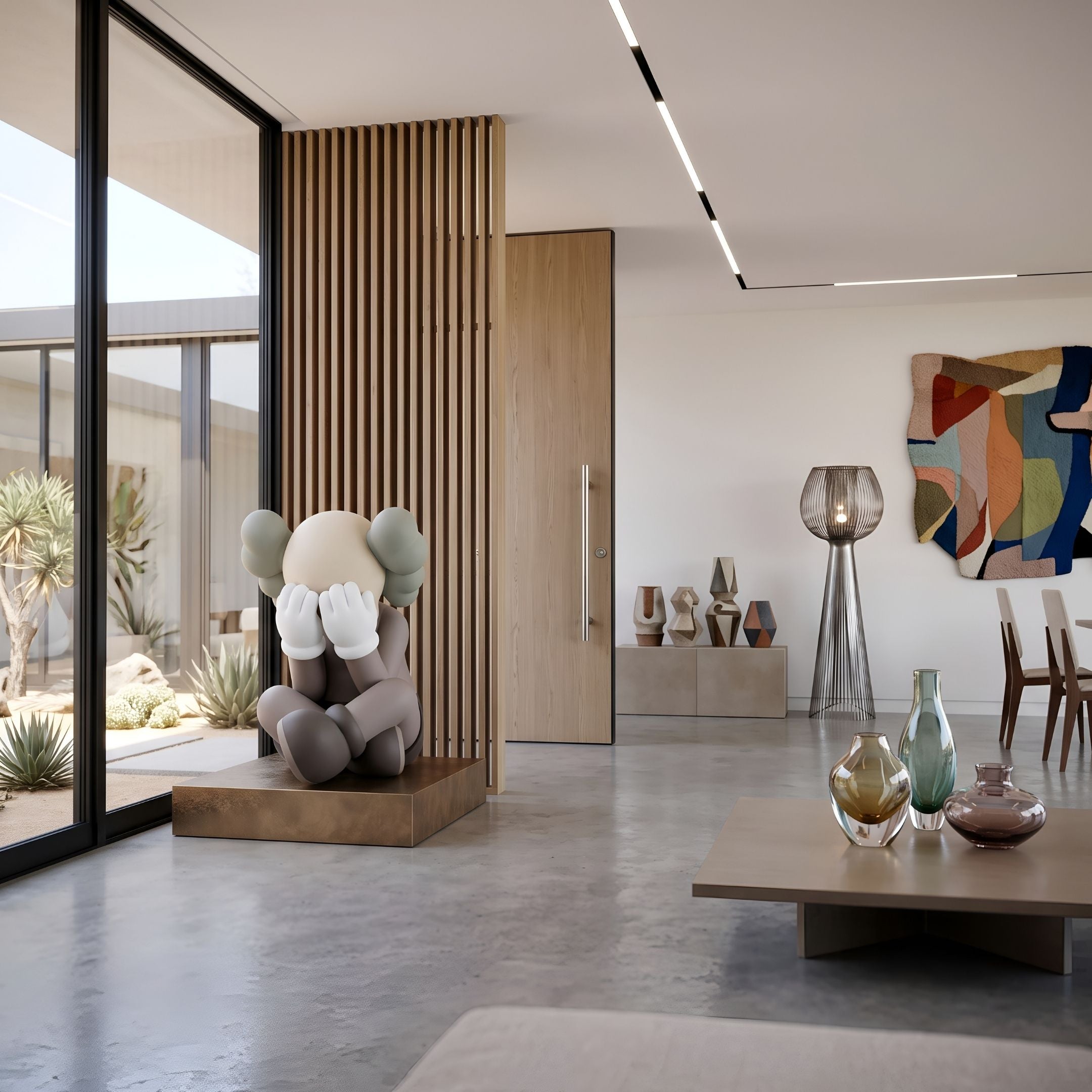 Hazelnut Brown Iconify Sorrow Sculpture, 92cm, seated resin figure with hands covering its face on a bronze plinth, in a living room near a wood slat divider and glass vases.