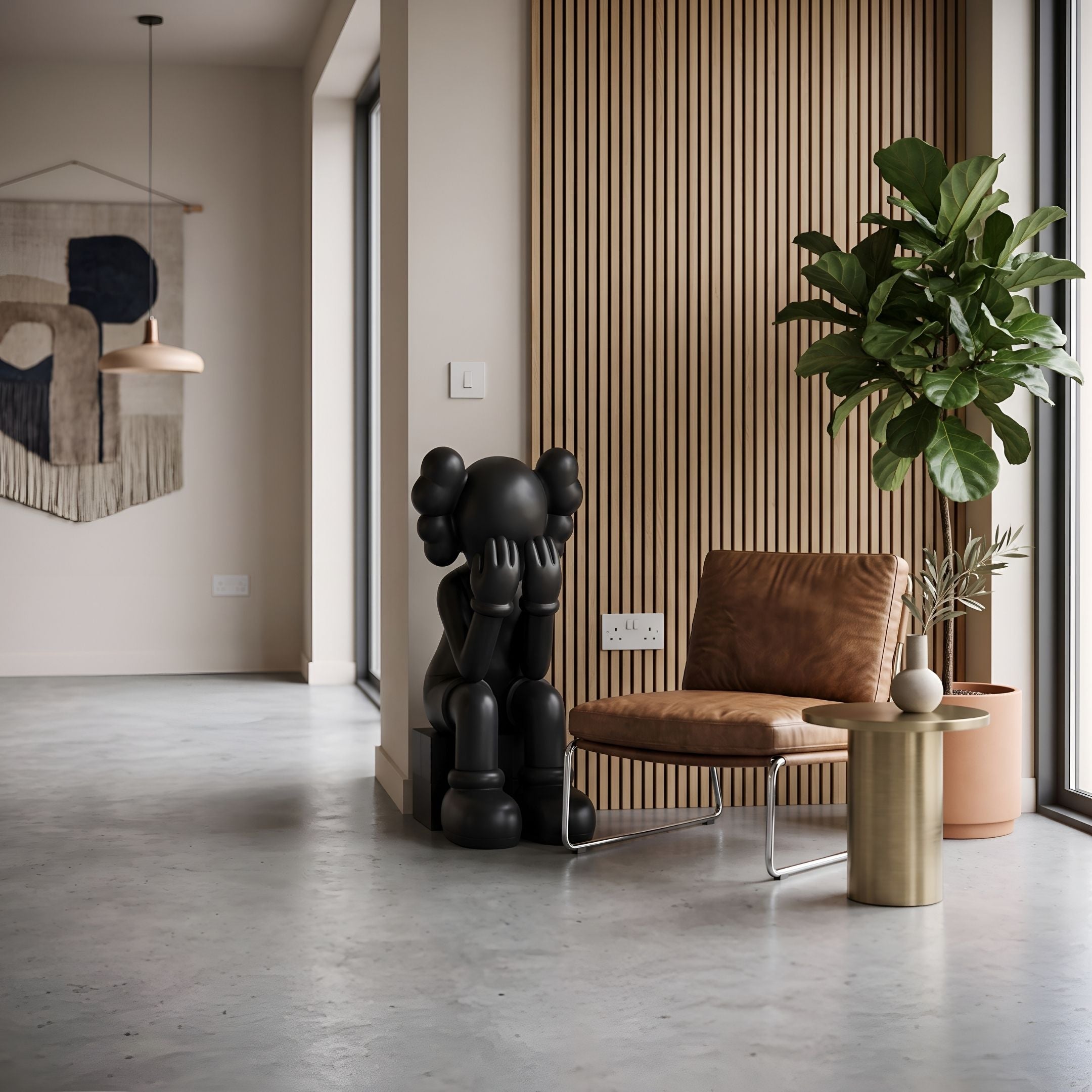Midnight Black Iconify Melancholy Sitting Sculpture, 110cm, seated figure covering its face, resin black finish, shown beside a leather chair in a modern living room.