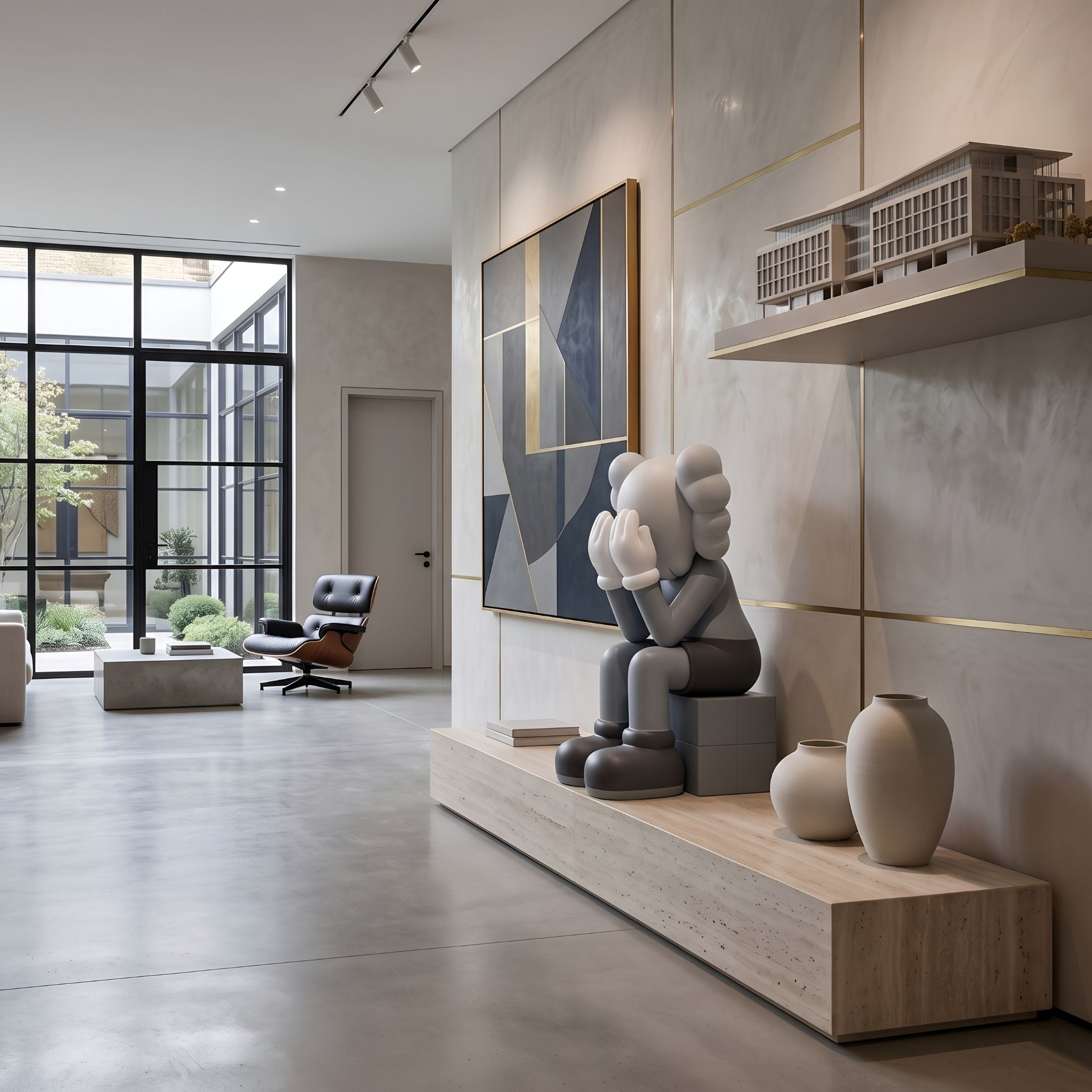 Slate Grey Iconify Melancholy Sitting Sculpture, 110cm, seated figure with hands covering its face on a wall-mounted display shelf in a modern living room.