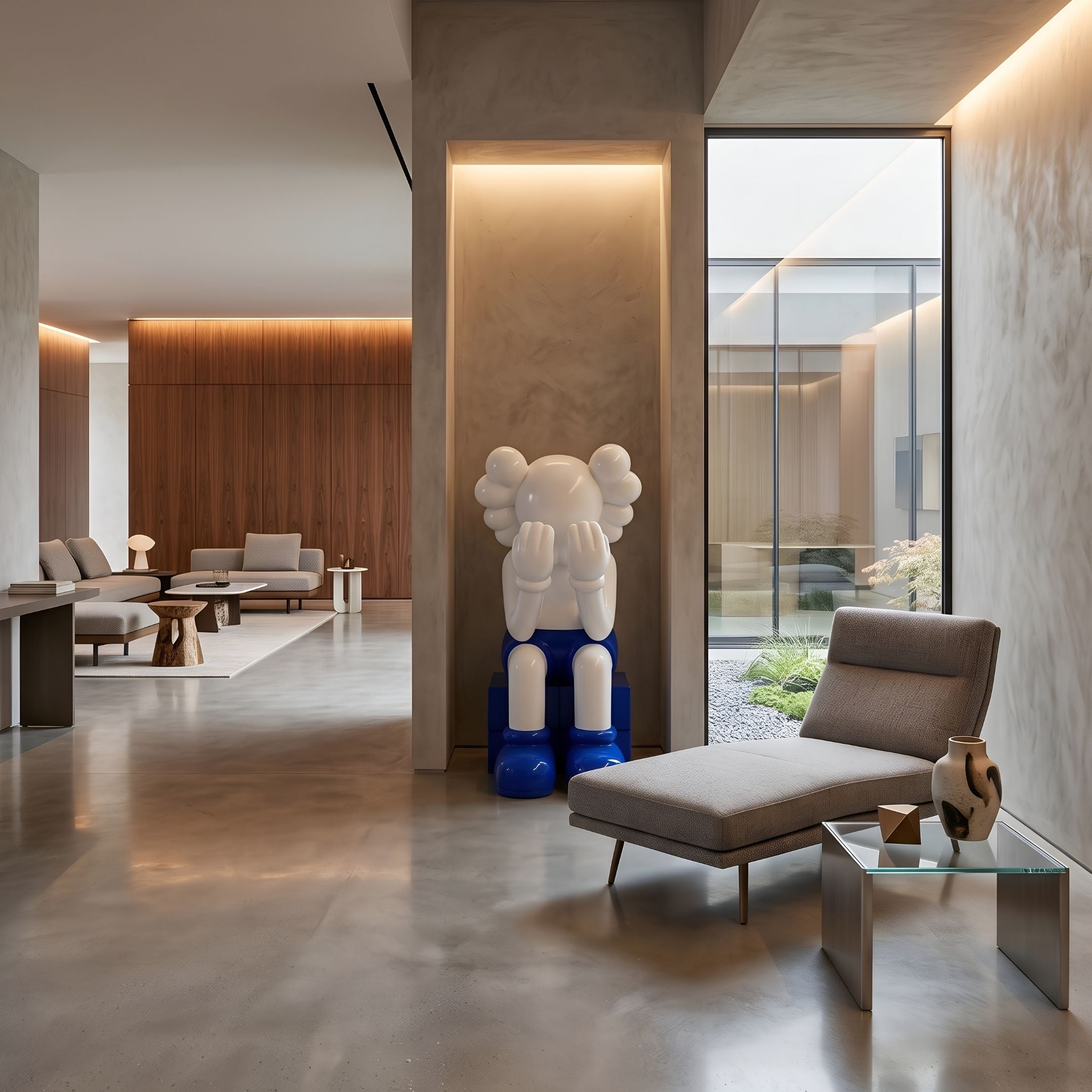 White & Blue Iconify Melancholy Sitting Sculpture, 110cm, seated figure with face in hands on blue base, in a modern living room beside a grey chaise lounge and glass table.