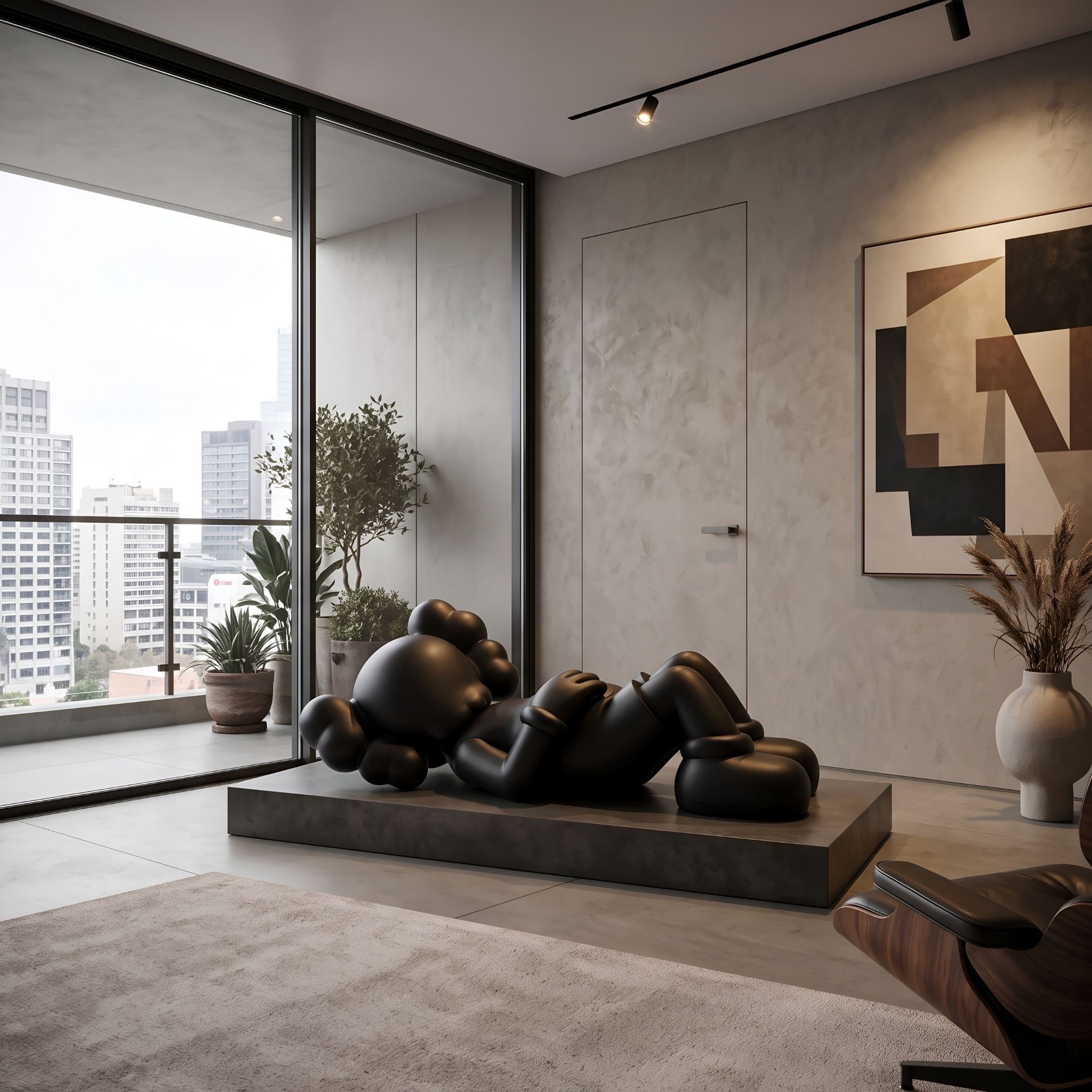 Obsidian Black Iconify Peace Sculpture (110cm) reclining on a dark platform in a living room with floor-to-ceiling windows, city view, and abstract wall art.