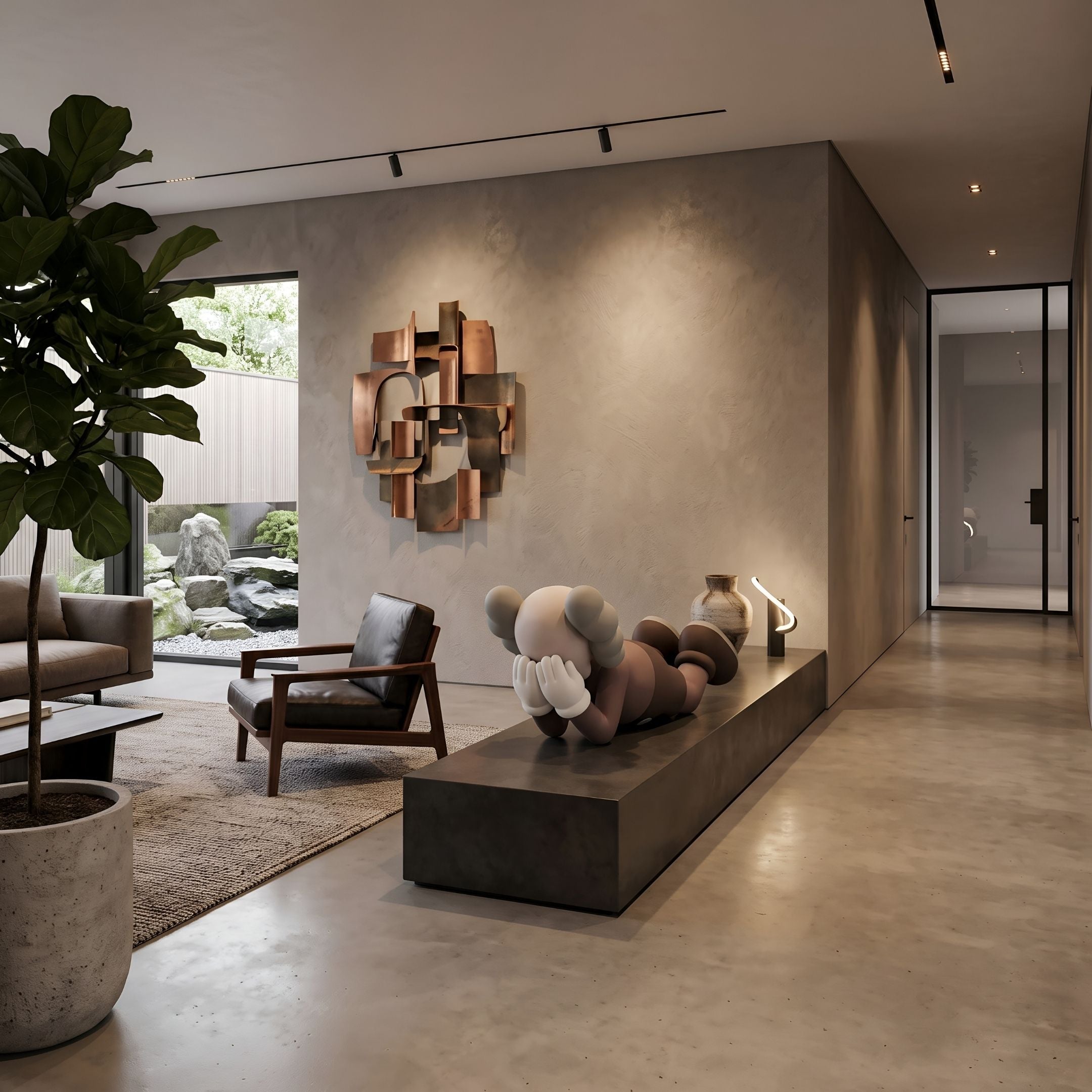 Hazelnut Brown Iconify Flying Sculpture, 120cm resin figure lying face down with hands covering its face, displayed on a dark platform in a living room beside a wall art piece and armchair.