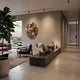 Hazelnut Brown Iconify Flying Sculpture, 120cm resin figure lying face down with hands covering its face, displayed on a dark platform in a living room beside a wall art piece and armchair.