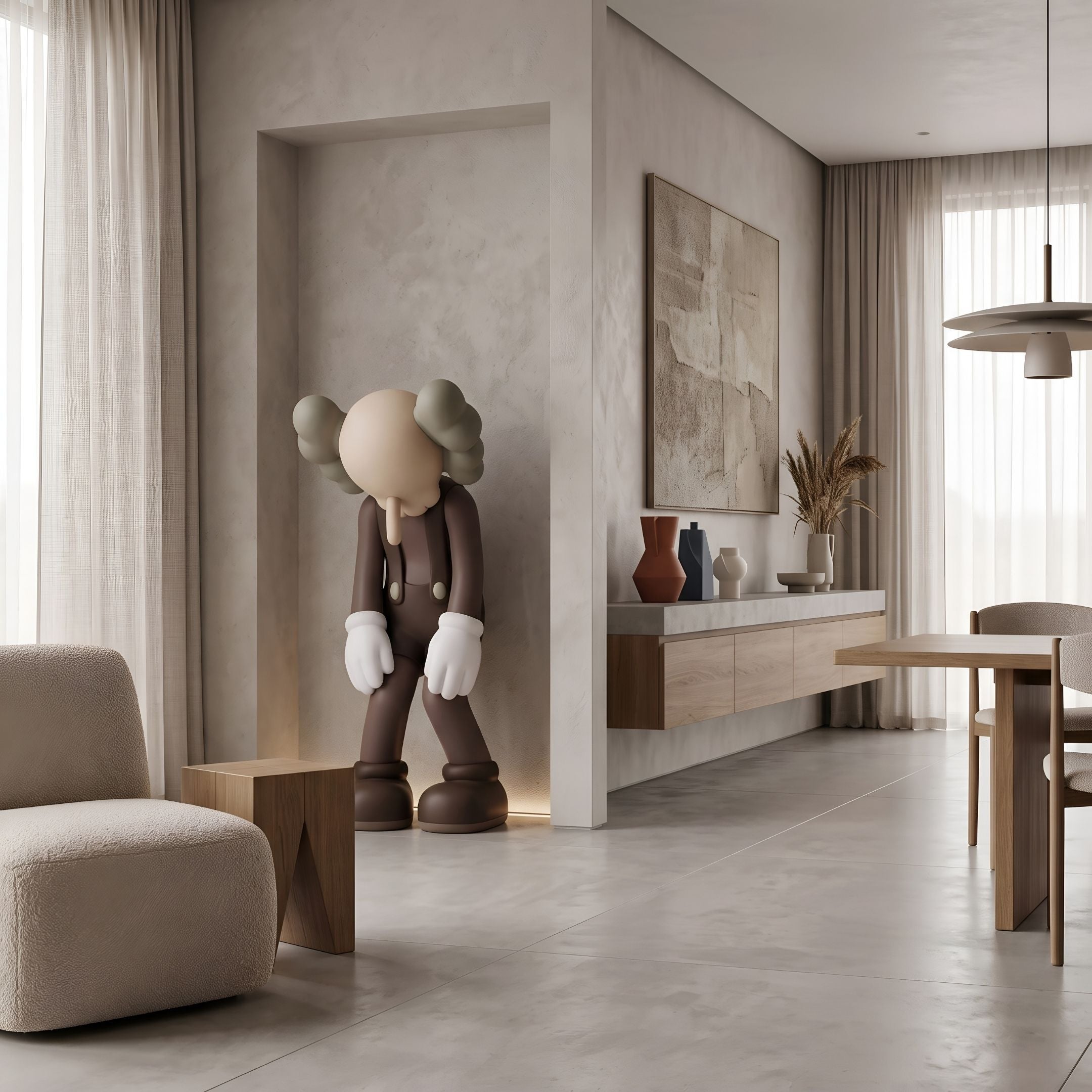 Hazelnut Brown Iconify Burden Sculpture, 130cm, resin figure with oversized white gloves, shown in a neutral living room beside a wooden sideboard and wall art.
