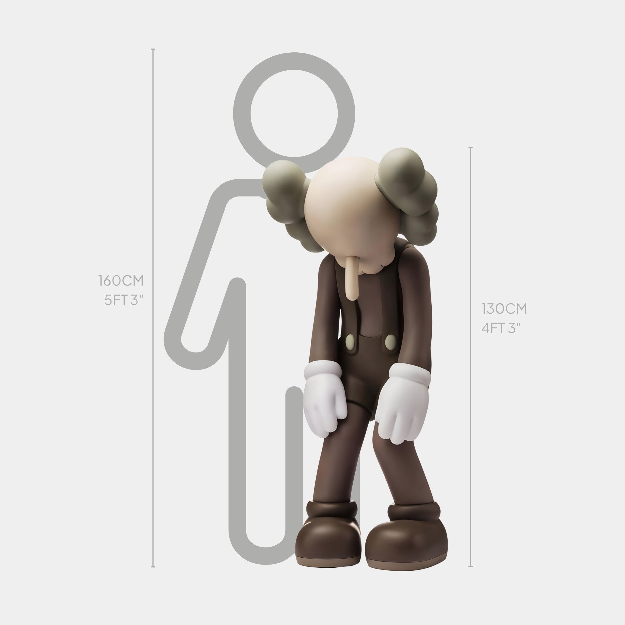 The Hazelnut Brown Iconify Burden Sculpture - 130cm by Giant Sculptures features a cartoon figure with a round, featureless face and exaggerated hands, standing beside a height guide against the silhouette of a 160 cm (5 ft 3 in) person.