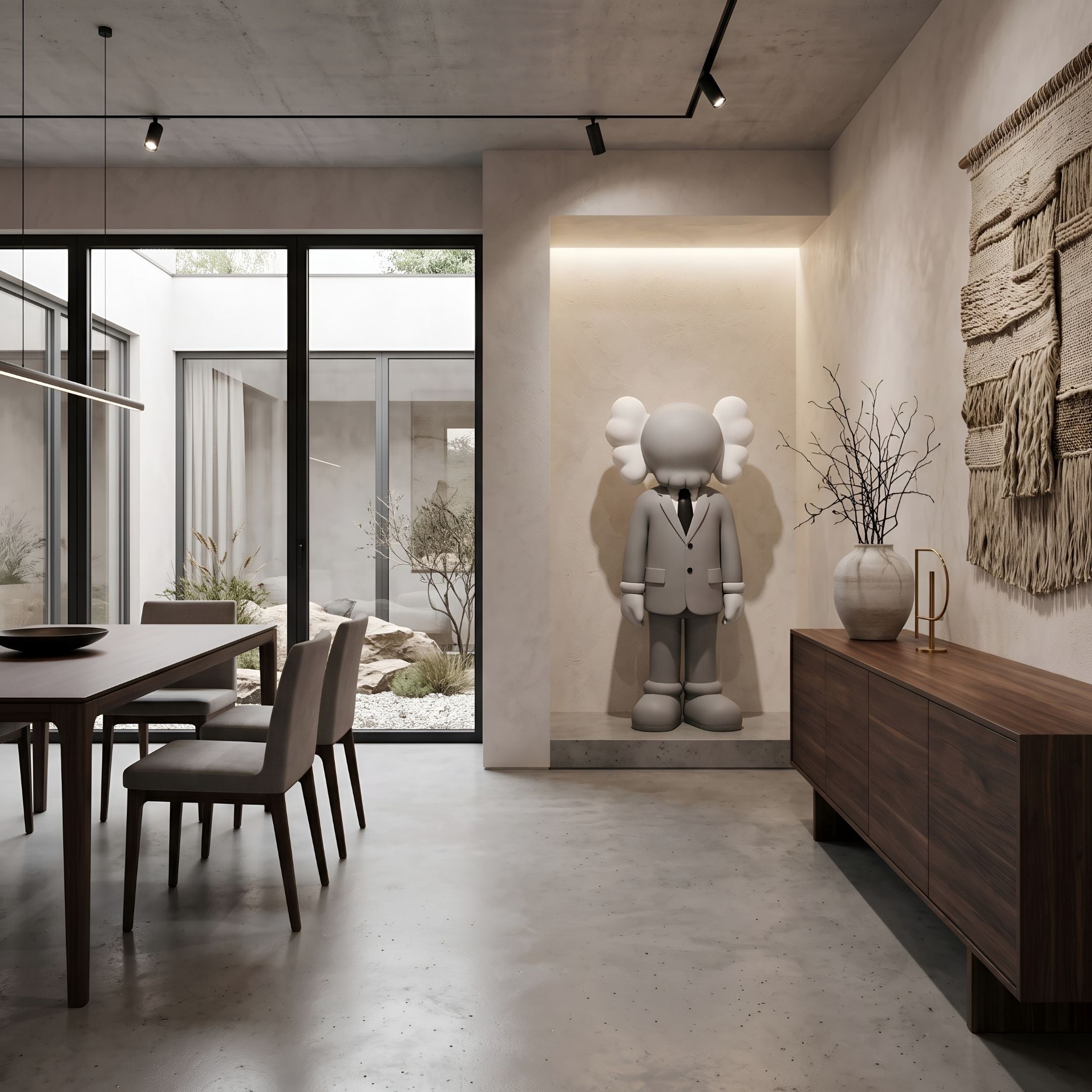 Soft Grey Suit Iconify Director Sculpture, 130cm, standing figure in tailored grey suit finish on a wall-mounted alcove plinth beside a dining area and wooden sideboard.