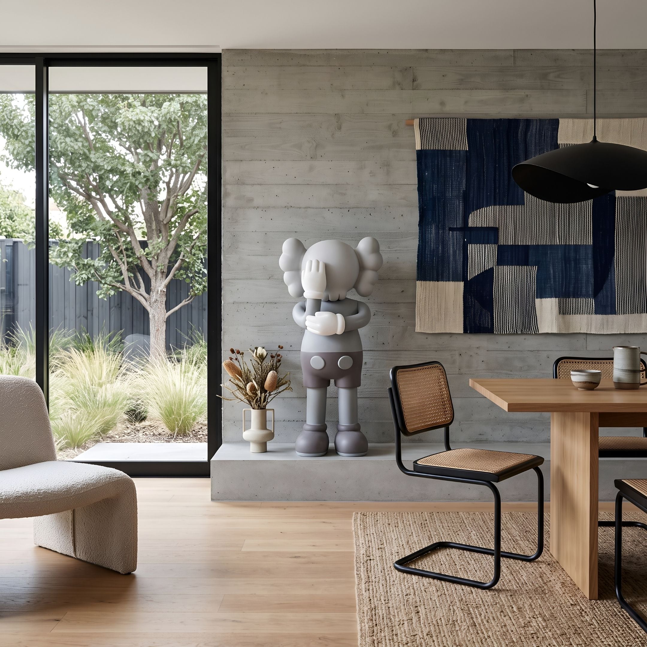 Soft Grey Iconify III Dance Sculpture, 130cm, on a concrete platform in a dining area with rattan chairs, wood table, and woven wall hanging.