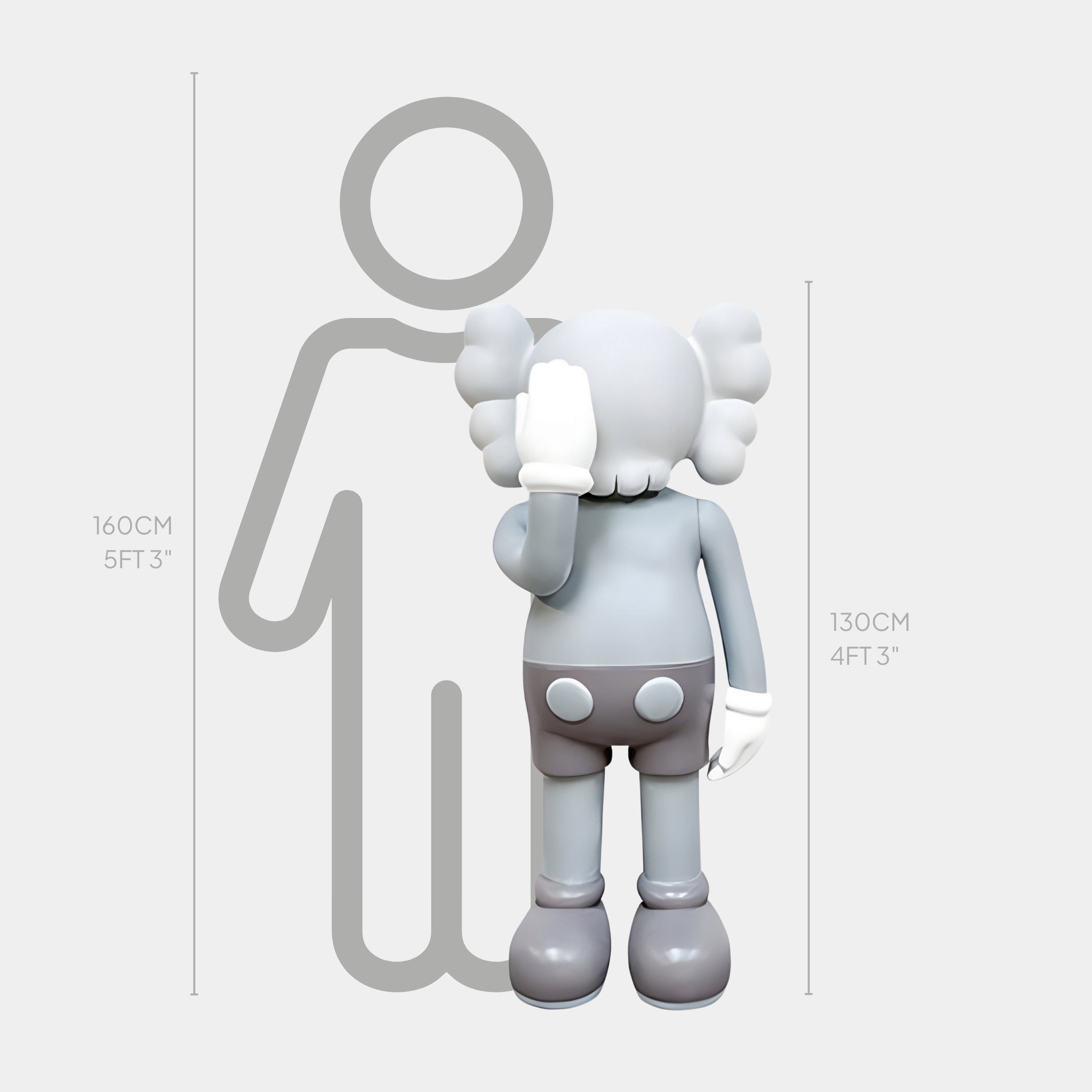 A contemporary artistry piece by Giant Sculptures, the Soft Grey Iconify V Dance Sculpture features a 130 cm tall cartoon character with elephant-like traits, one hand on its face, set against a 160 cm silhouette.